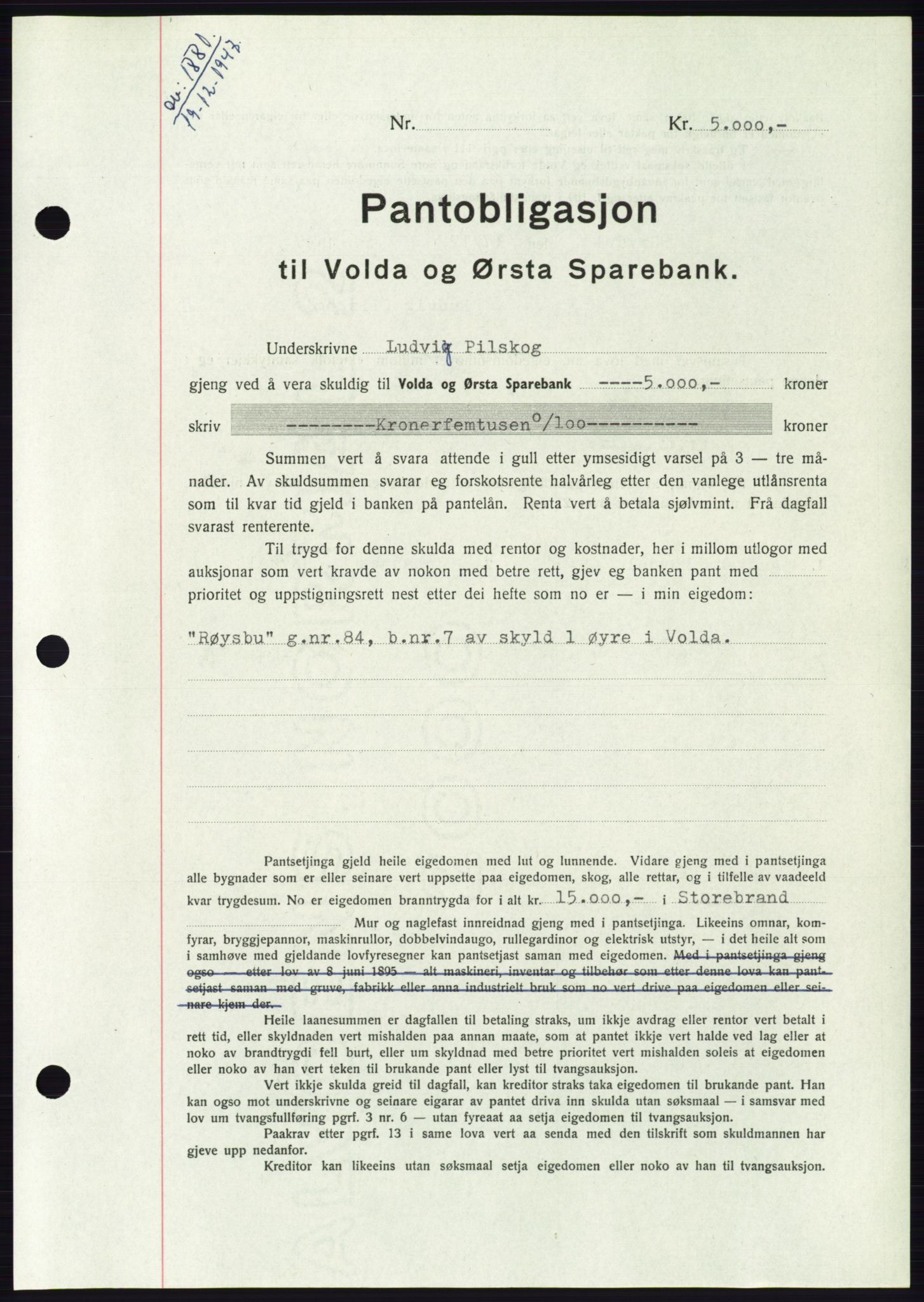 Søre Sunnmøre sorenskriveri, AV/SAT-A-4122/1/2/2C/L0115: Mortgage book no. 3B, 1947-1948, Diary no: : 1881/1947