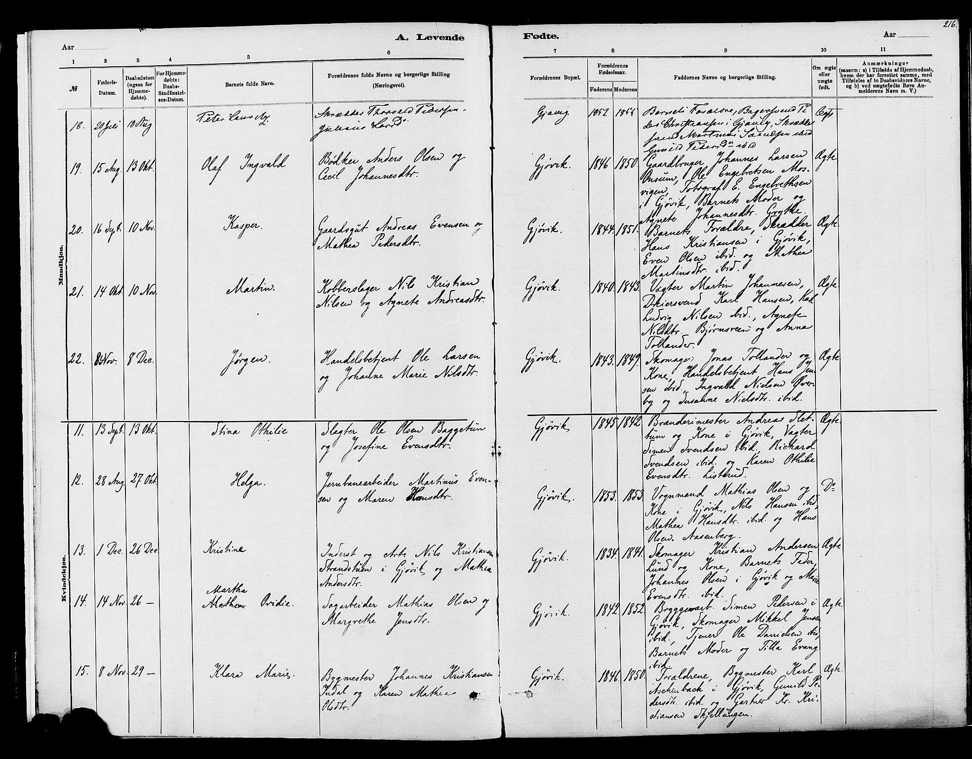 Vardal prestekontor, SAH/PREST-100/H/Ha/Haa/L0008: Parish register (official) no. 8, 1878-1890, p. 216