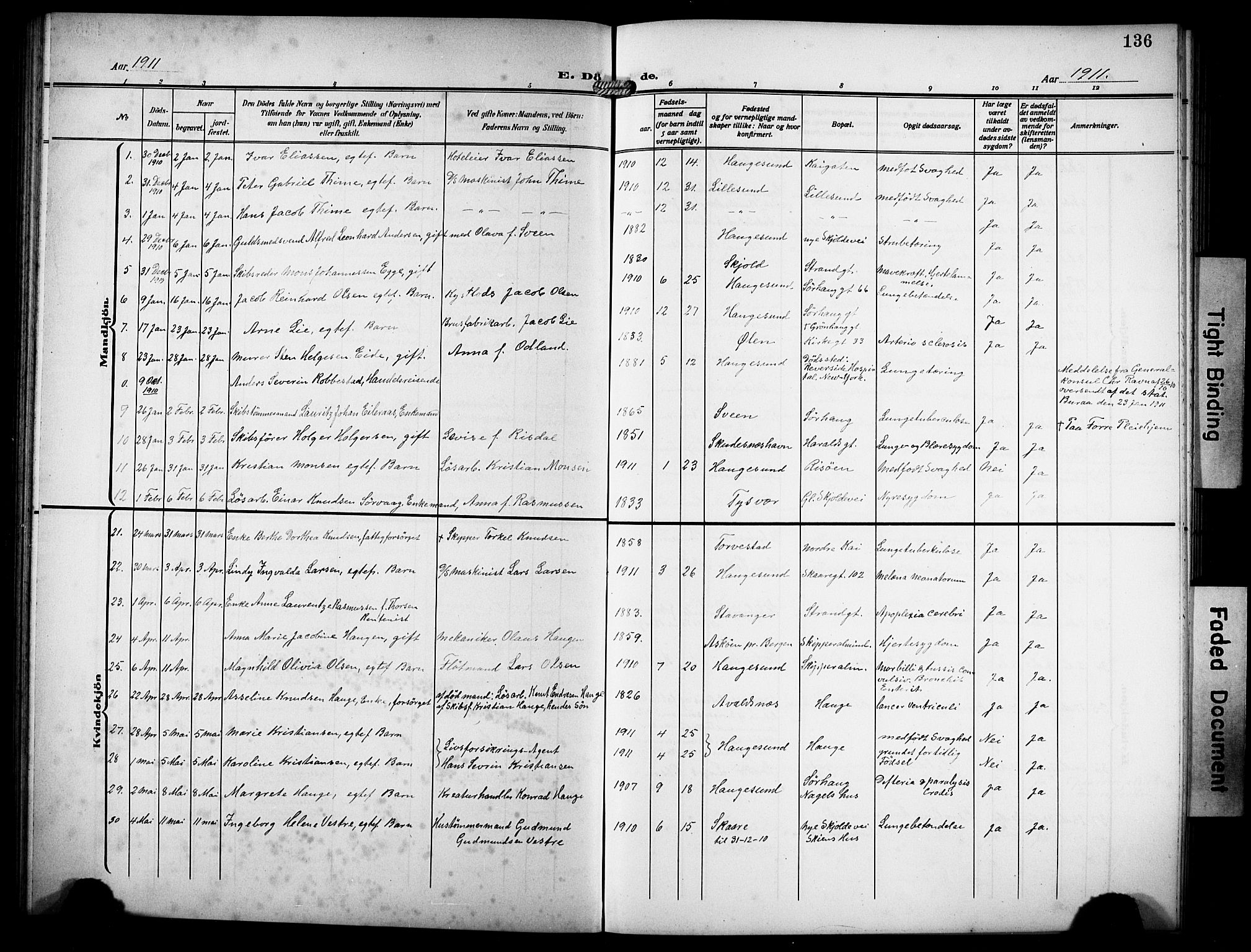 Haugesund sokneprestkontor, AV/SAST-A -101863/H/Ha/Hab/L0008: Parish register (copy) no. B 8, 1909-1921, p. 136