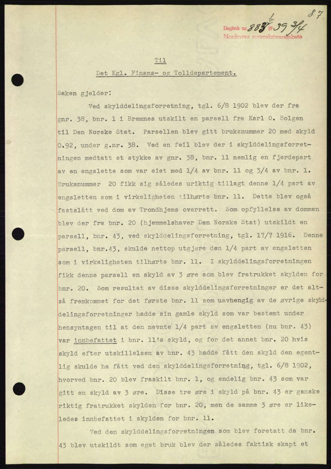 Nordmøre sorenskriveri, AV/SAT-A-4132/1/2/2Ca: Mortgage book no. B85, 1939-1939, Diary no: : 883/1939