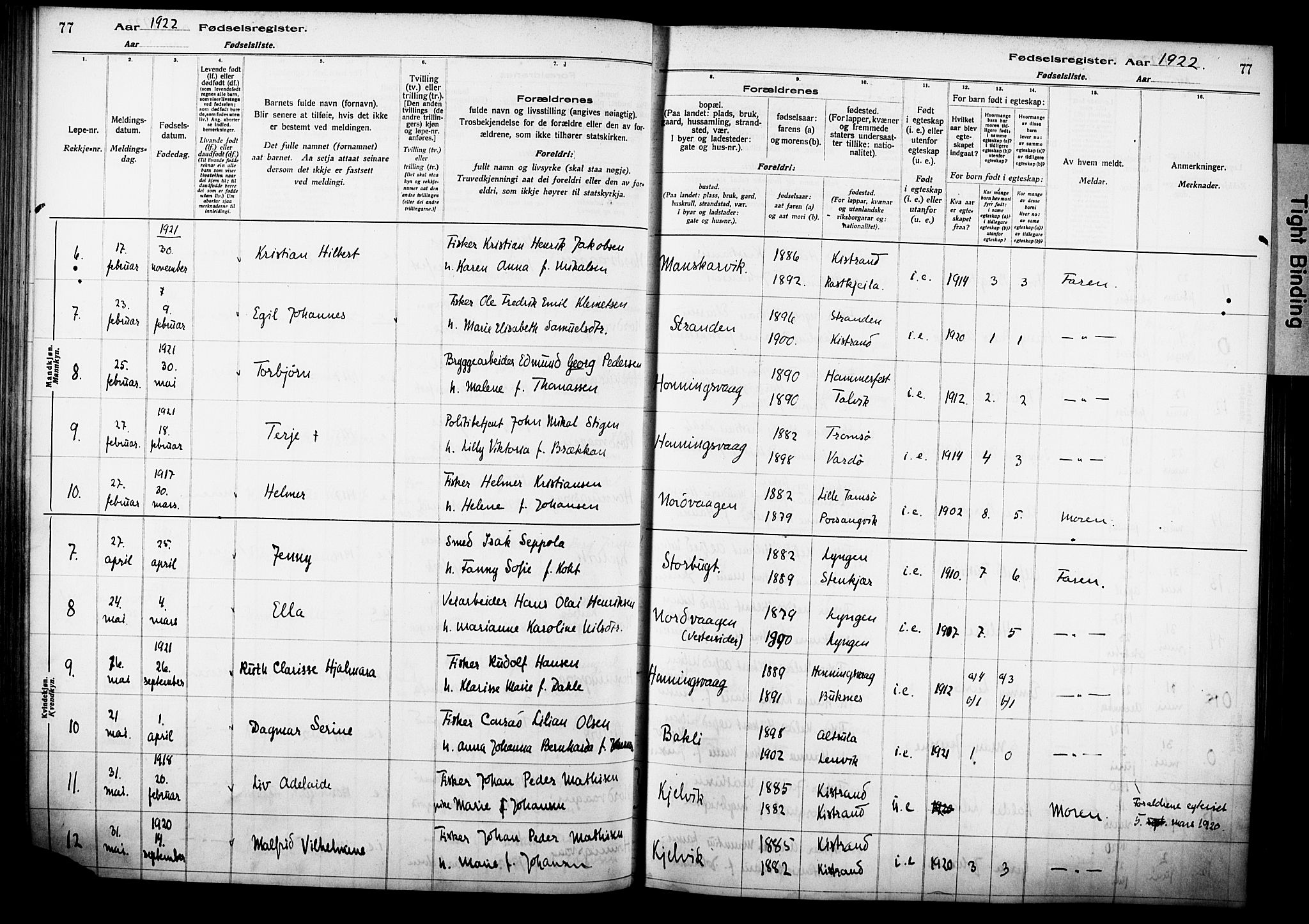 Kjelvik/Nordkapp sokneprestkontor, AV/SATØ-S-1350/I/Ia/L0015: Birth register no. 15, 1916-1930, p. 77