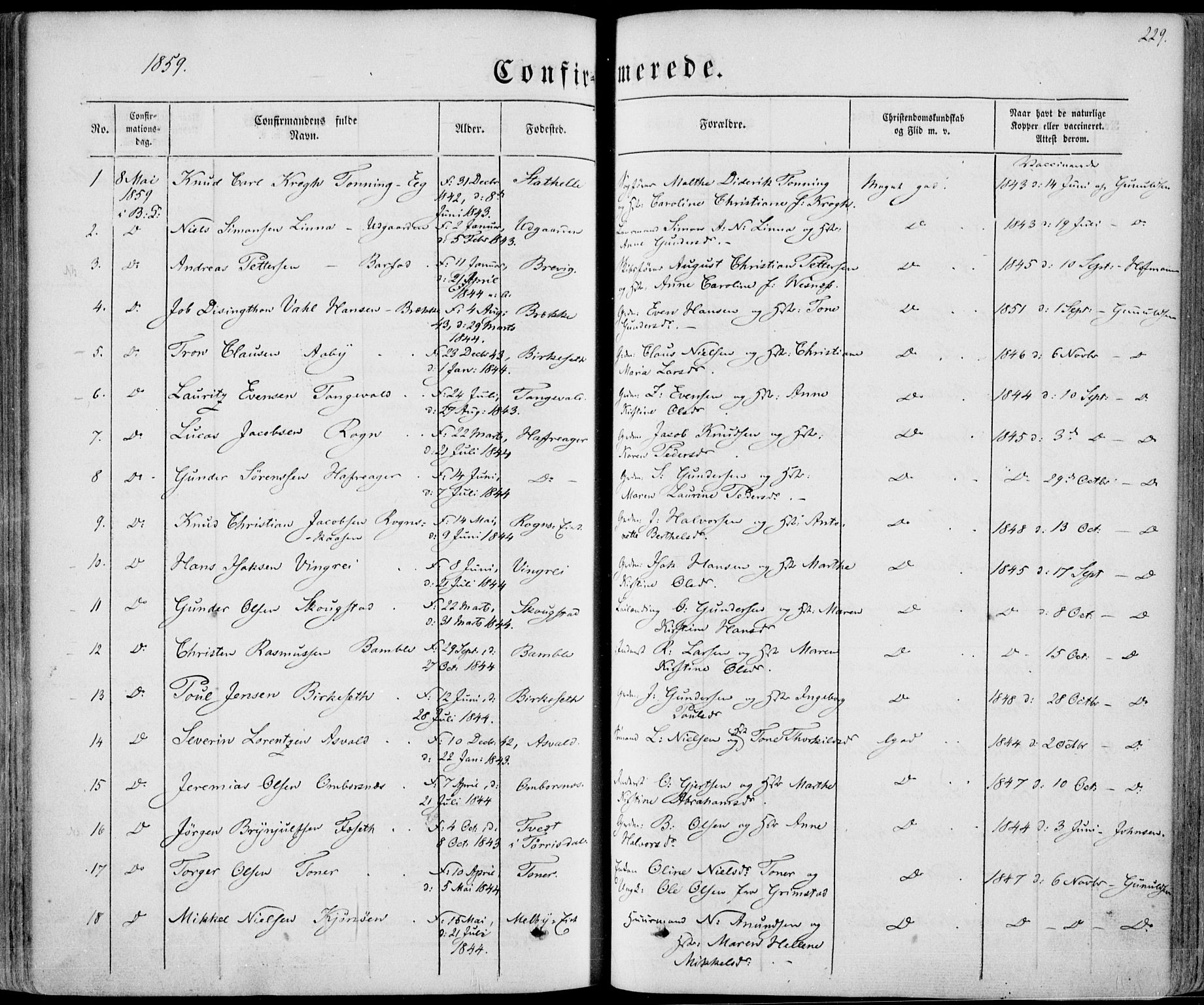 Bamble kirkebøker, SAKO/A-253/F/Fa/L0005: Parish register (official) no. I 5, 1854-1869, p. 229