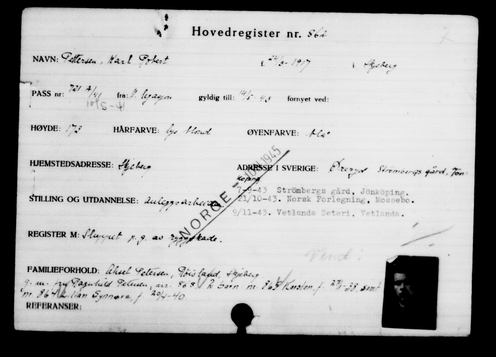 Utenriksstasjonene, Legasjonen i Stockholm, Flyktningkontoret, AV/RA-S-6753/V/Va/L0001: Kjesäterkartoteket, flyktninger med registreringsnr. 1-1000, 1940-1945, p. 1369