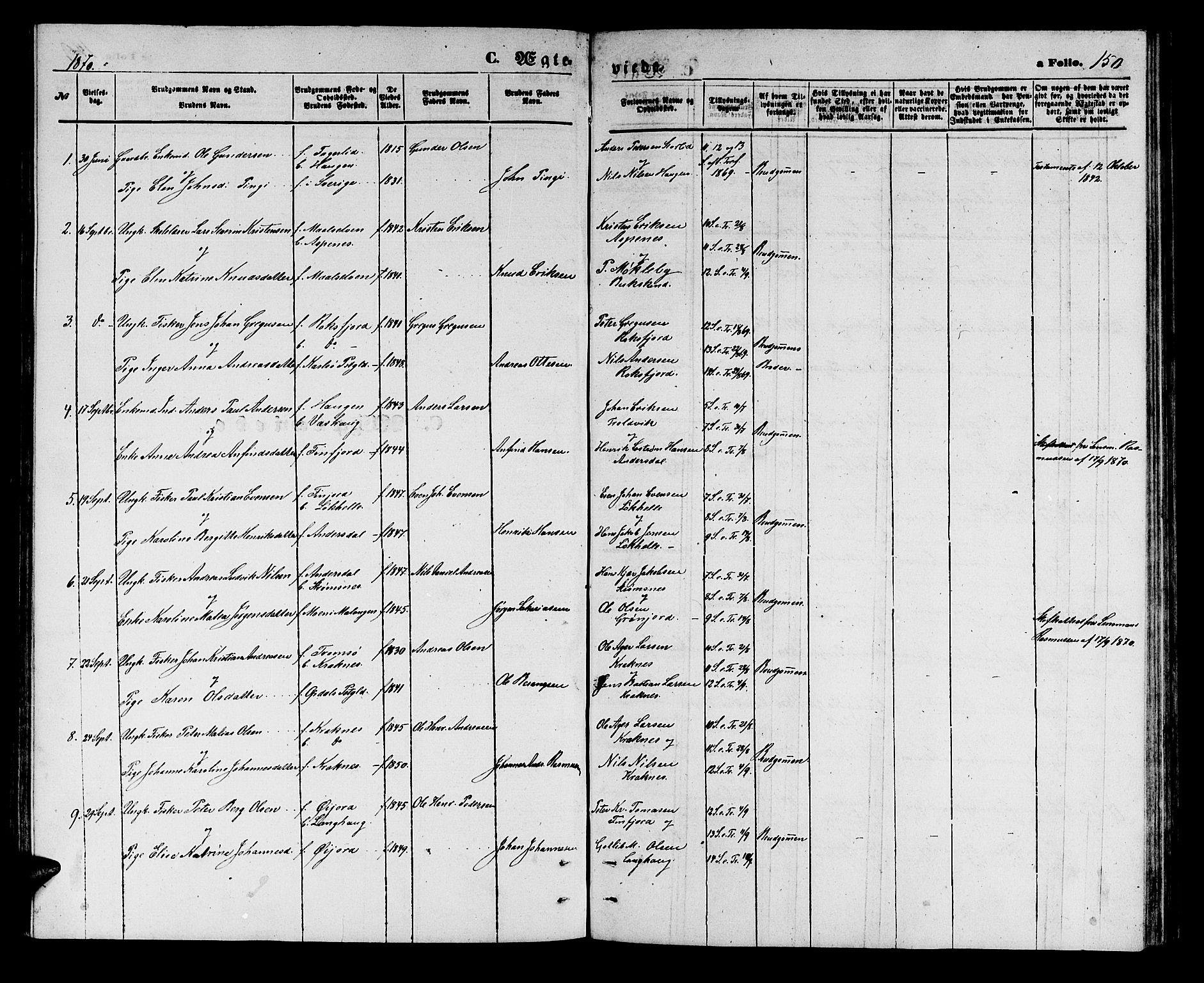 Lenvik sokneprestembete, SATØ/S-1310/H/Ha/Hab/L0005klokker: Parish register (copy) no. 5, 1870-1880, p. 150