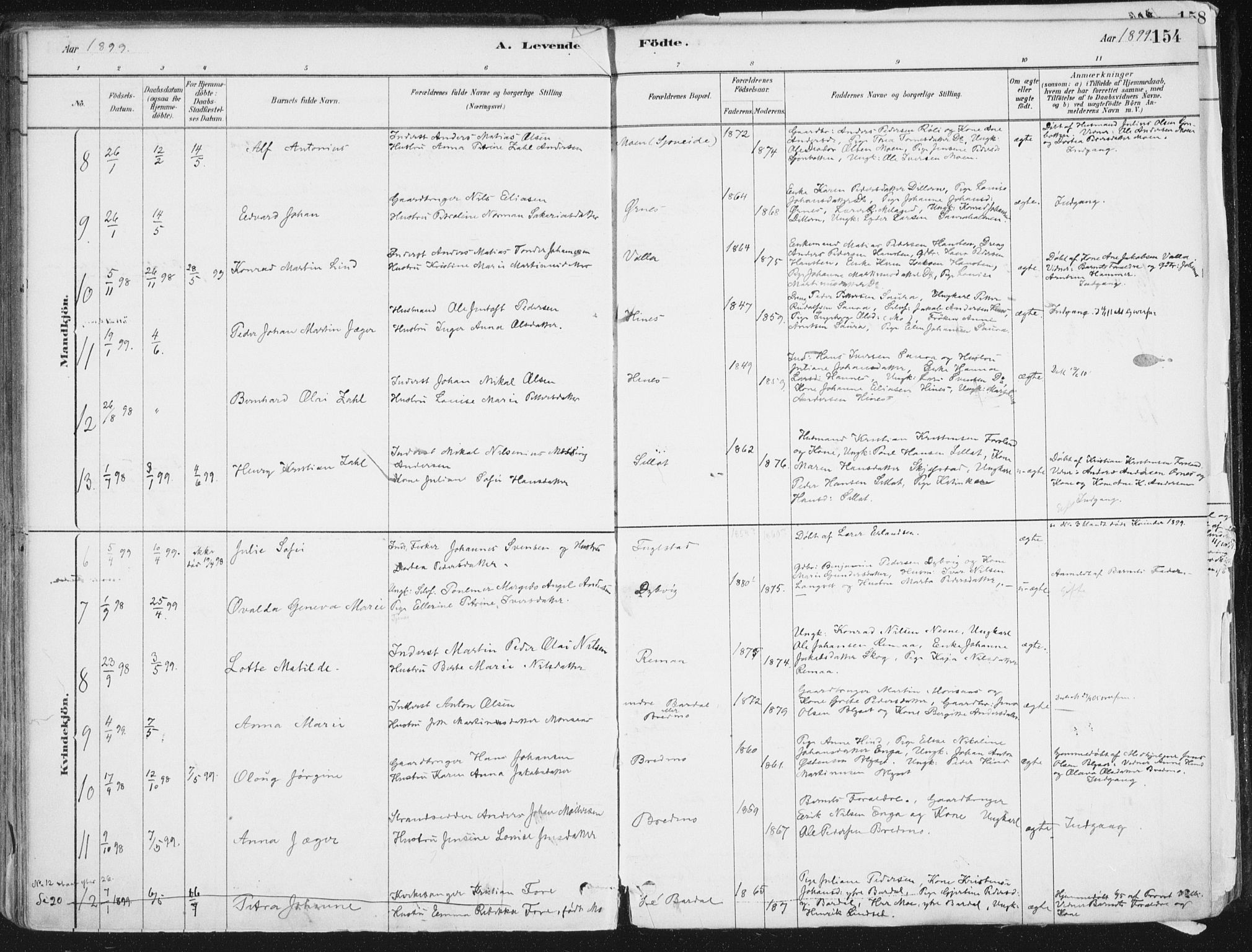 Ministerialprotokoller, klokkerbøker og fødselsregistre - Nordland, AV/SAT-A-1459/838/L0552: Parish register (official) no. 838A10, 1880-1910, p. 154