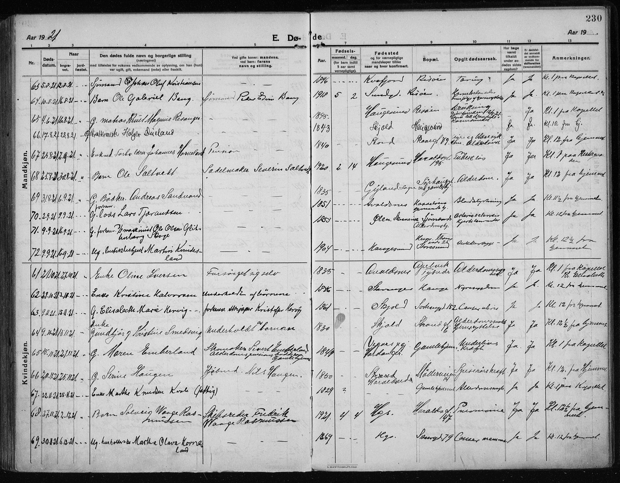 Haugesund sokneprestkontor, AV/SAST-A -101863/H/Ha/Haa/L0009: Parish register (official) no. A 9, 1914-1929, p. 230