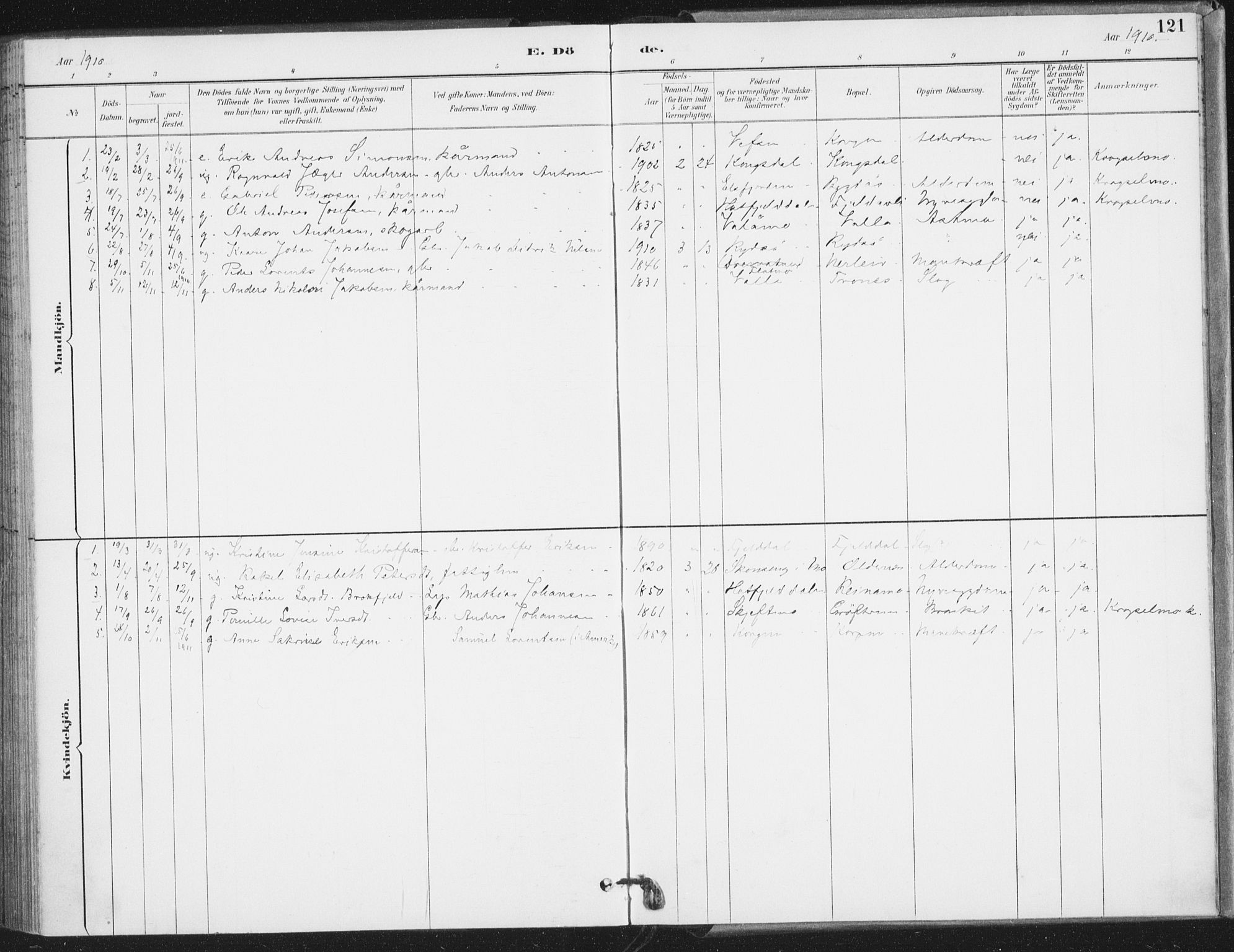 Ministerialprotokoller, klokkerbøker og fødselsregistre - Nordland, AV/SAT-A-1459/826/L0380: Parish register (official) no. 826A03, 1891-1911, p. 121