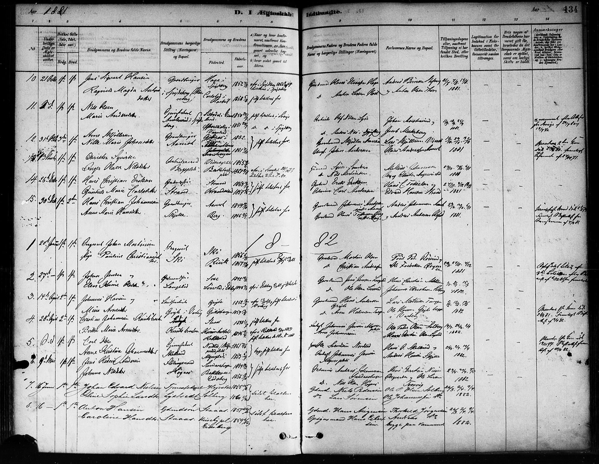 Skiptvet prestekontor Kirkebøker, AV/SAO-A-20009/F/Fa/L0009: Parish register (official) no. 9, 1878-1900, p. 134