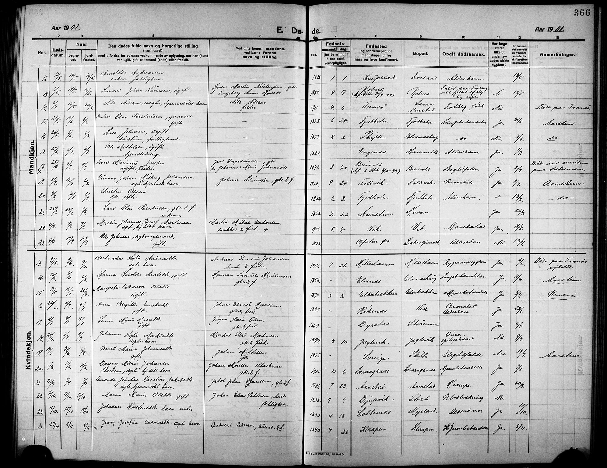 Ibestad sokneprestembete, SATØ/S-0077/H/Ha/Hab/L0009klokker: Parish register (copy) no. 9, 1902-1914, p. 366