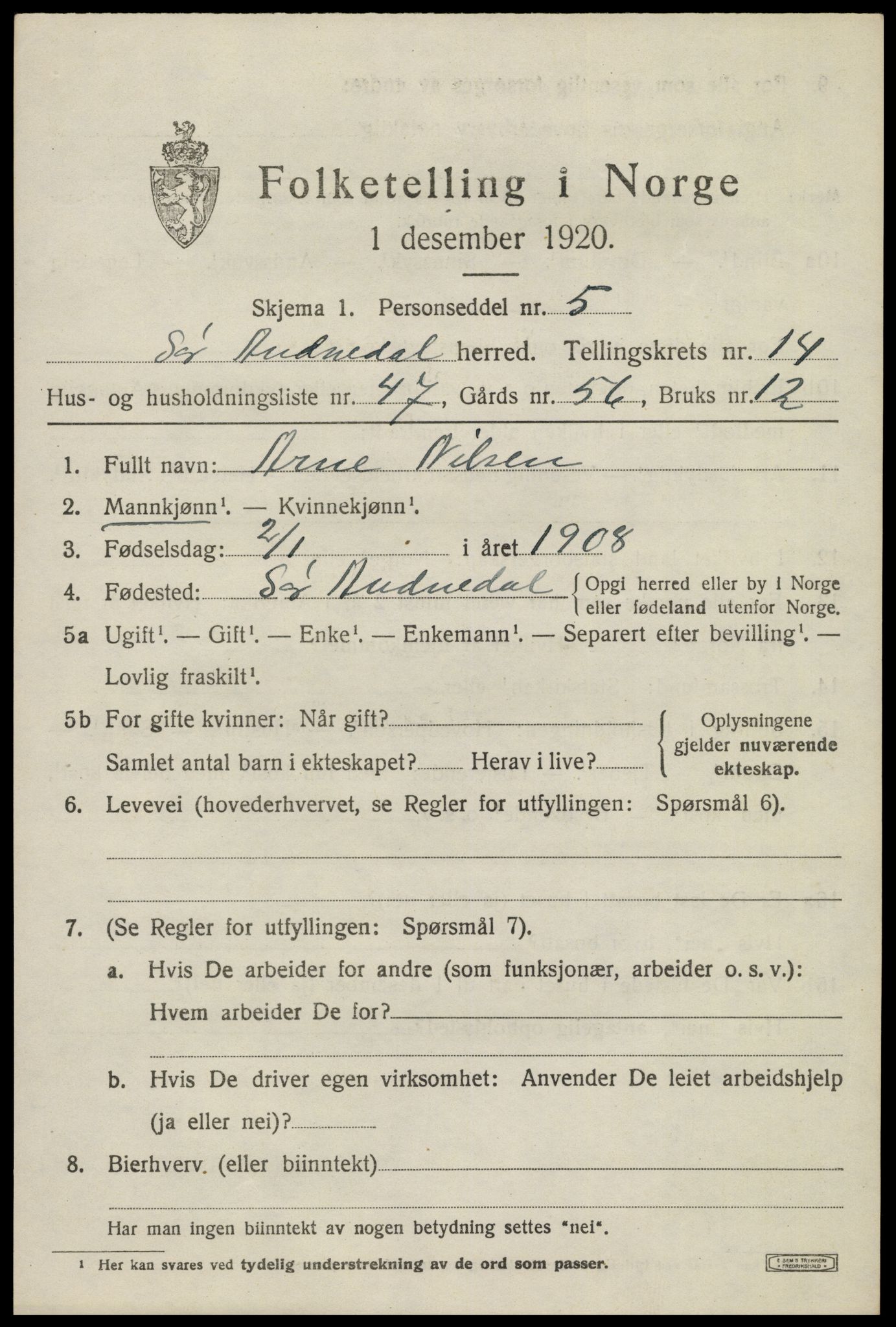 SAK, 1920 census for Sør-Audnedal, 1920, p. 5625