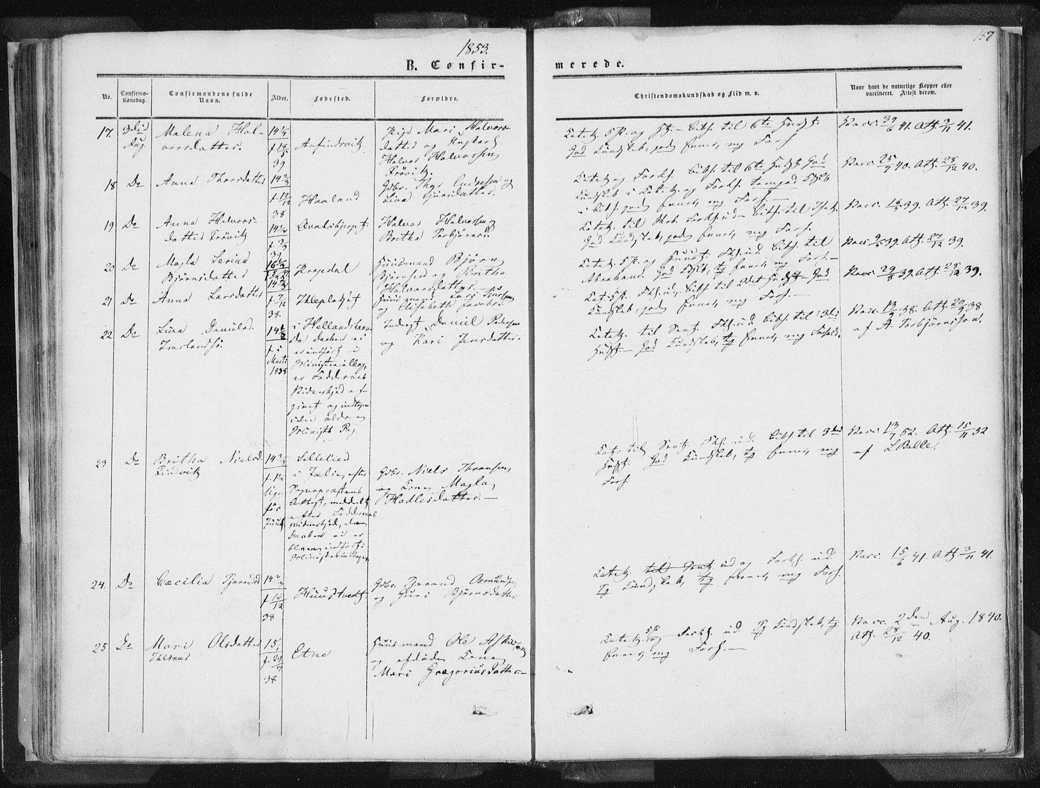 Vikedal sokneprestkontor, AV/SAST-A-101840/01/IV: Parish register (official) no. A 6.1, 1851-1867, p. 157