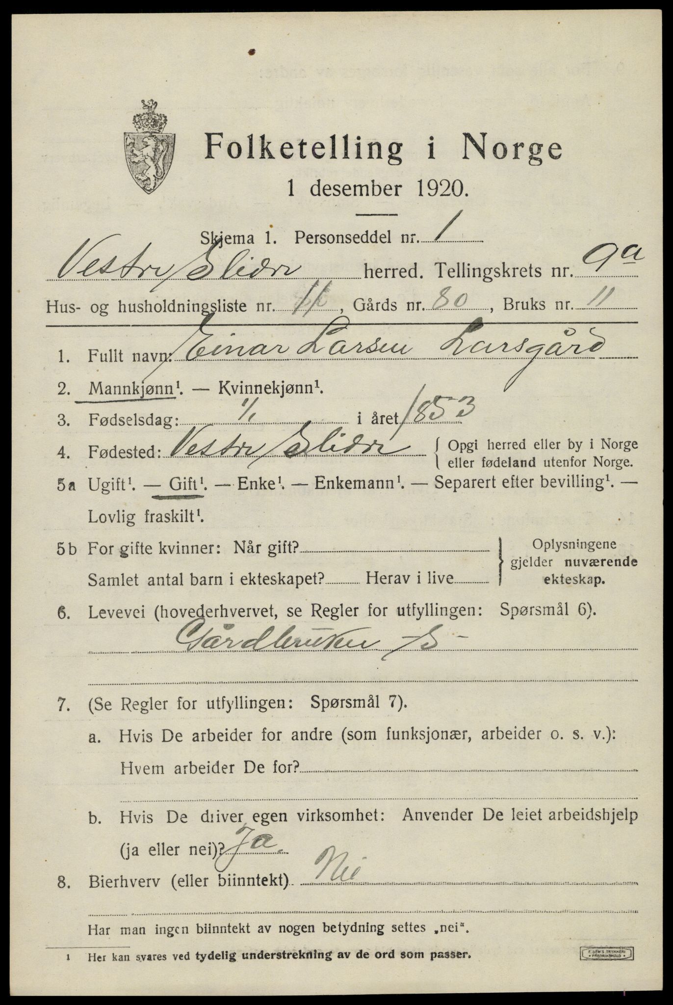 SAH, 1920 census for Vestre Slidre, 1920, p. 5062