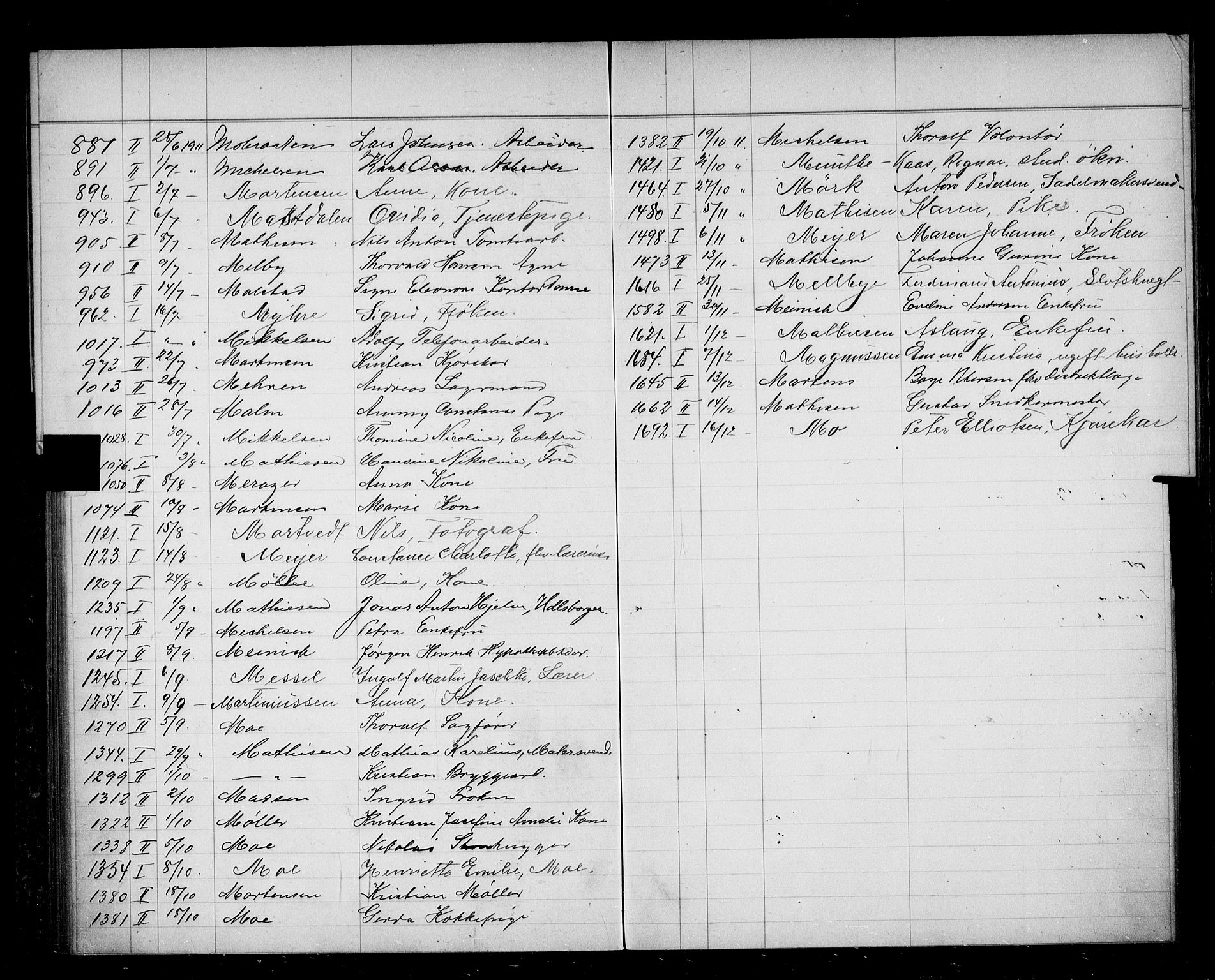 Oslo skifterett, AV/SAO-A-10383/F/Fa/Faa/L0011: Navneregister, 1911
