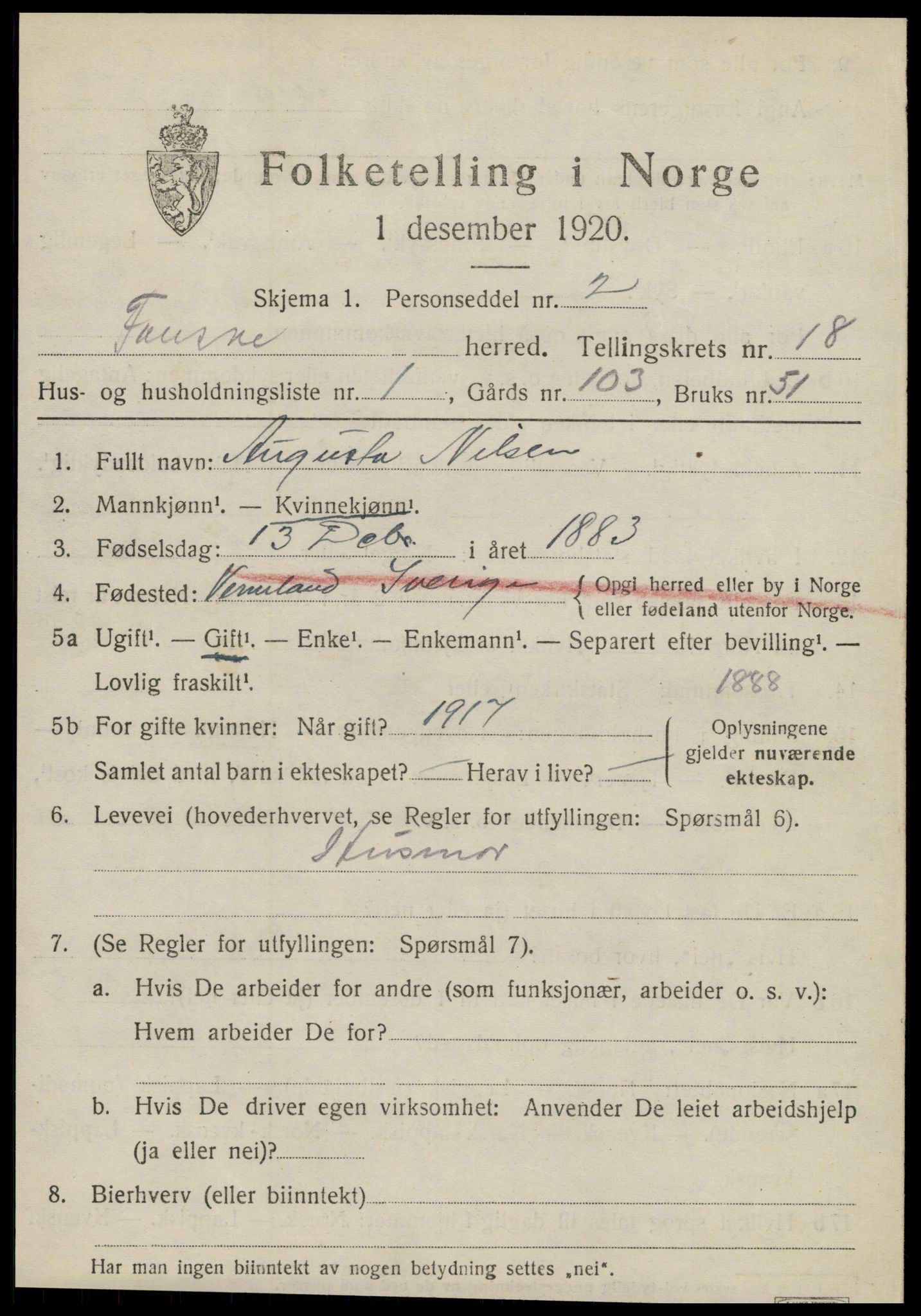 SAT, 1920 census for Fauske, 1920, p. 10820