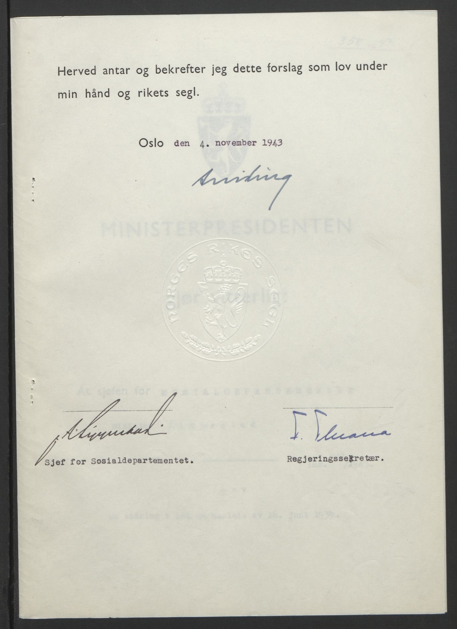 NS-administrasjonen 1940-1945 (Statsrådsekretariatet, de kommisariske statsråder mm), RA/S-4279/D/Db/L0099: Lover, 1943, p. 700