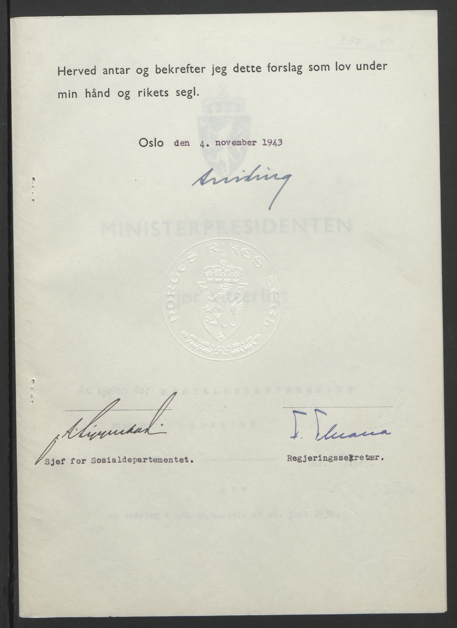 NS-administrasjonen 1940-1945 (Statsrådsekretariatet, de kommisariske statsråder mm), AV/RA-S-4279/D/Db/L0099: Lover, 1943, p. 700