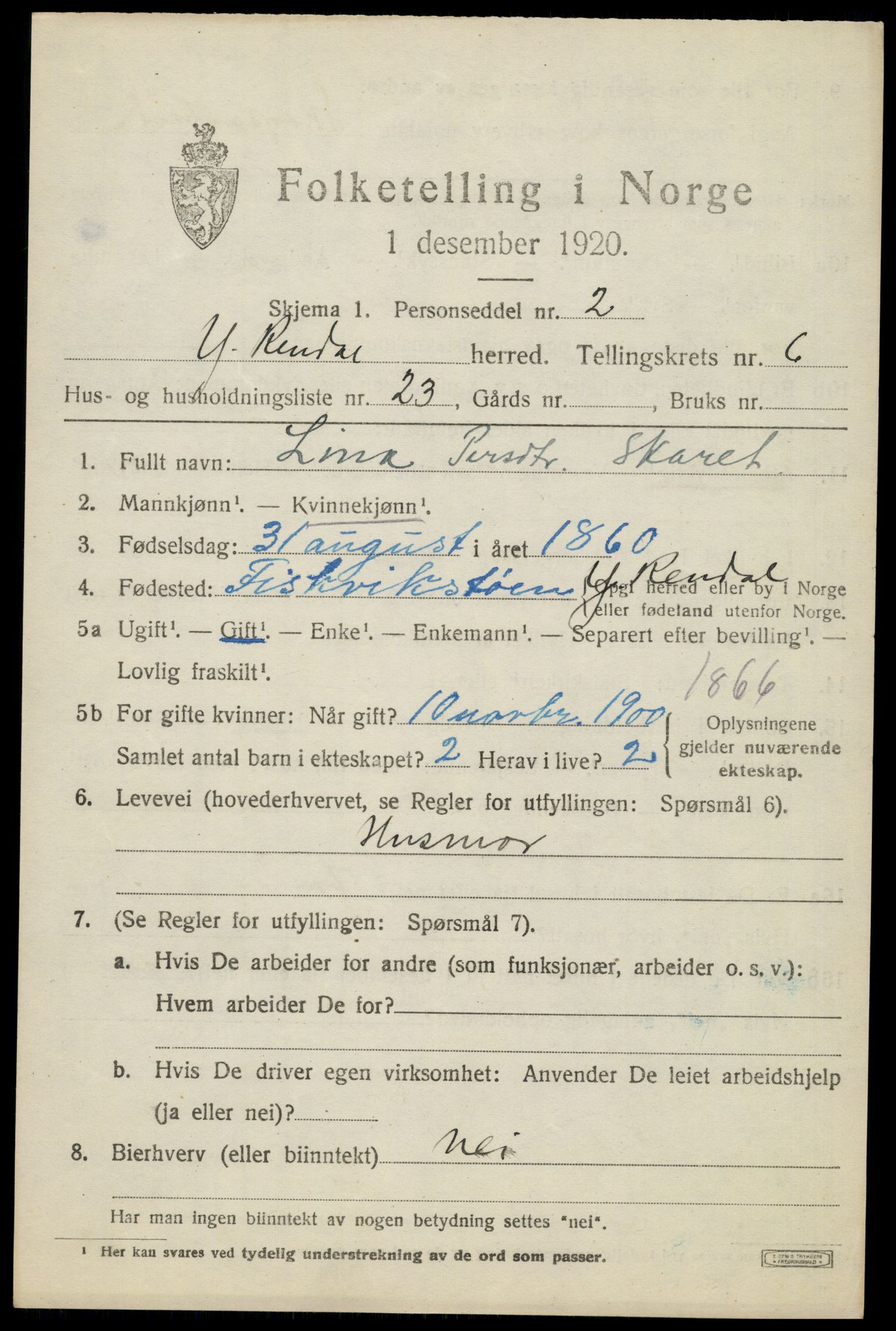 SAH, 1920 census for Ytre Rendal, 1920, p. 3639