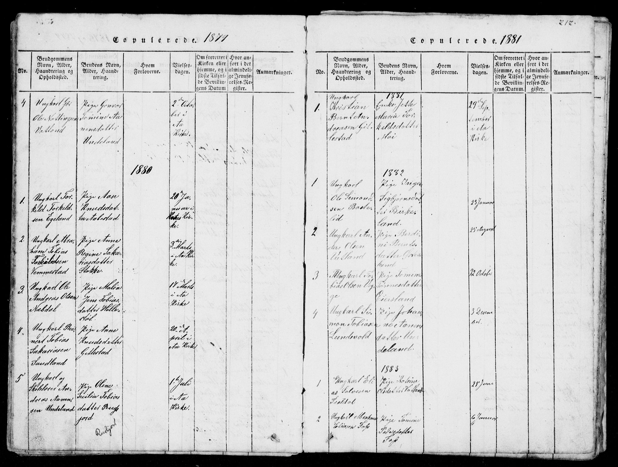 Lyngdal sokneprestkontor, AV/SAK-1111-0029/F/Fb/Fbb/L0001: Parish register (copy) no. B 1, 1816-1900, p. 212