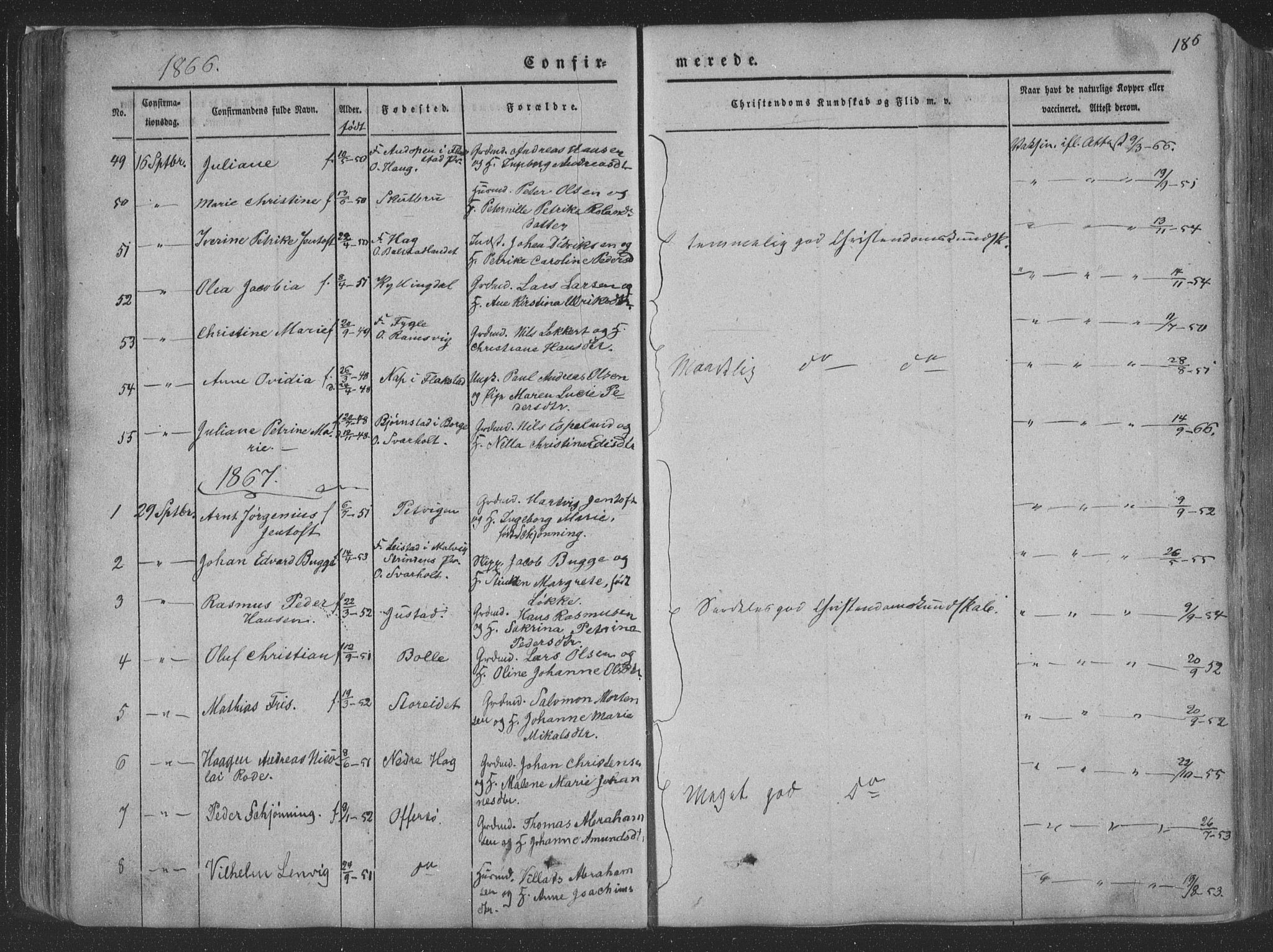 Ministerialprotokoller, klokkerbøker og fødselsregistre - Nordland, AV/SAT-A-1459/881/L1165: Parish register (copy) no. 881C02, 1854-1876, p. 186