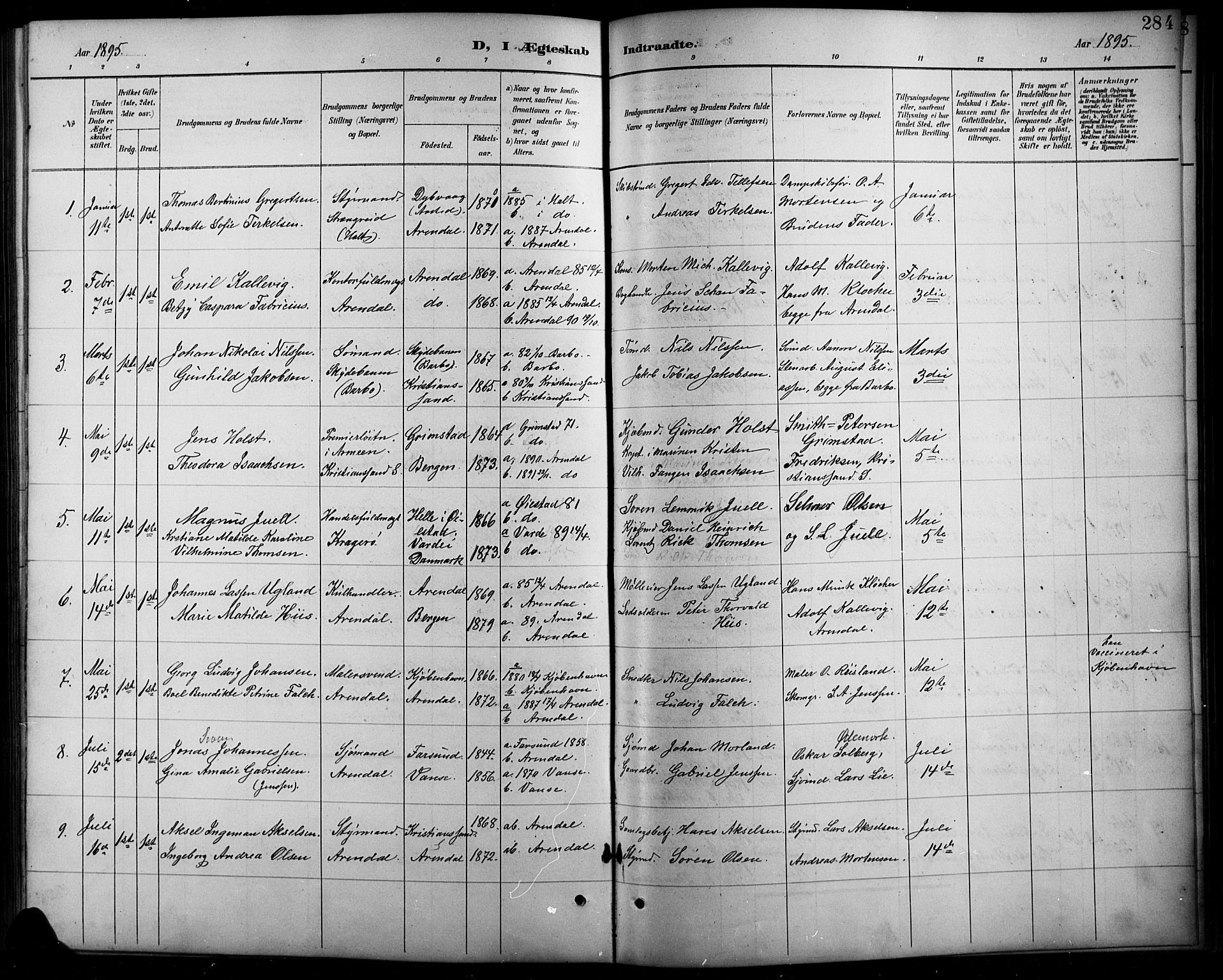 Arendal sokneprestkontor, Trefoldighet, SAK/1111-0040/F/Fb/L0006: Parish register (copy) no. B 6, 1889-1916, p. 284