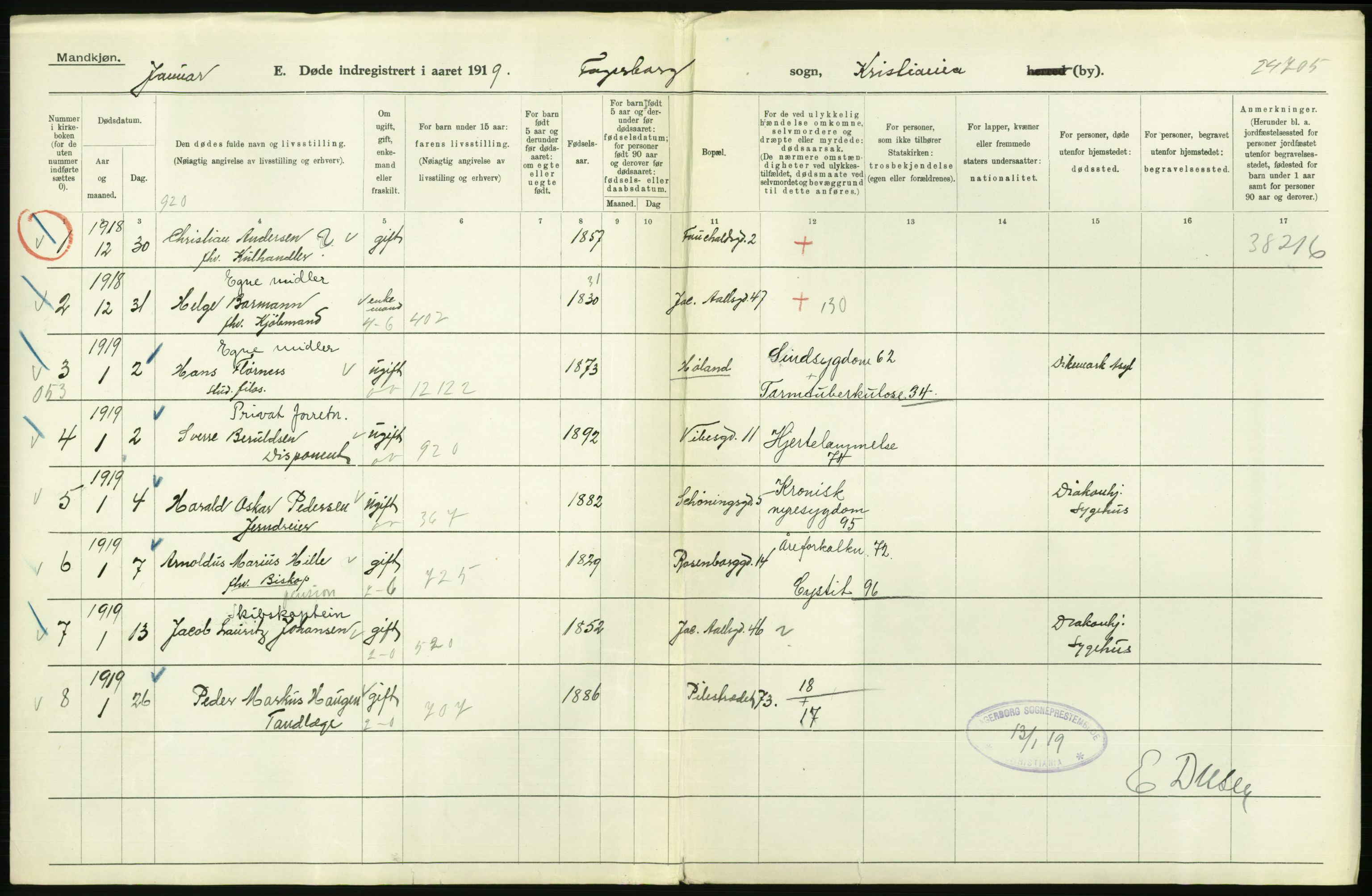 Statistisk sentralbyrå, Sosiodemografiske emner, Befolkning, AV/RA-S-2228/D/Df/Dfb/Dfbi/L0011: Kristiania: Døde, dødfødte, 1919