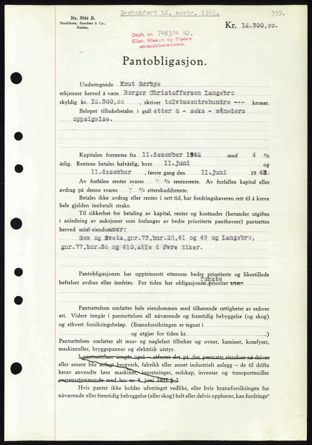 Eiker, Modum og Sigdal sorenskriveri, SAKO/A-123/G/Ga/Gab/L0047: Mortgage book no. A17, 1942-1943, Diary no: : 2483/1942