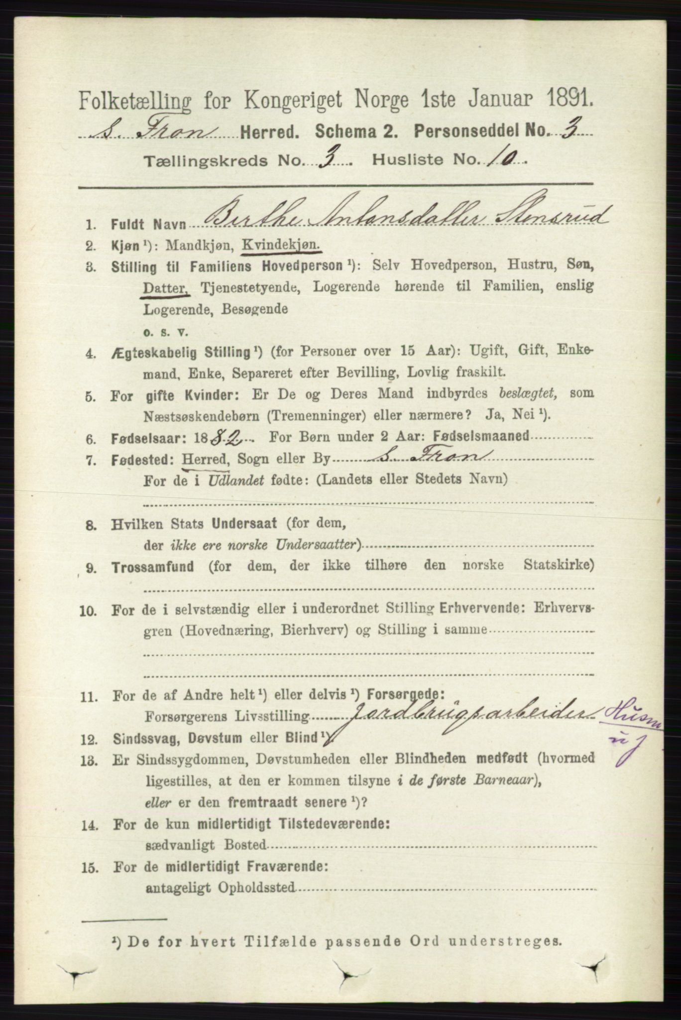 RA, 1891 census for 0519 Sør-Fron, 1891, p. 1019