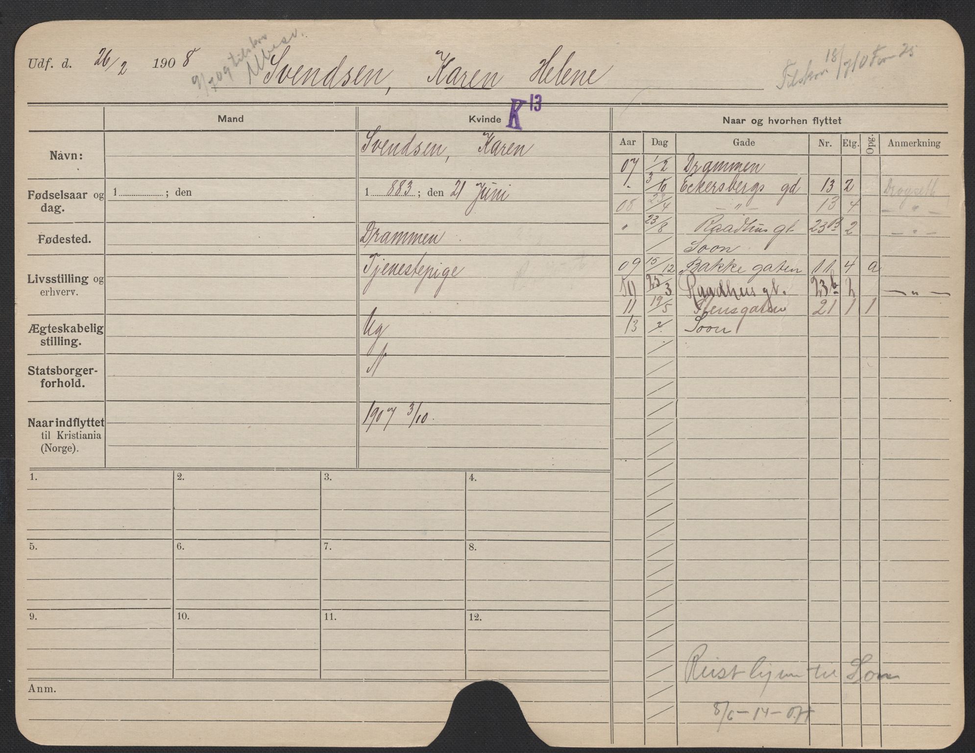 Oslo folkeregister, Registerkort, AV/SAO-A-11715/F/Fa/Fac/L0024: Kvinner, 1906-1914, p. 654a