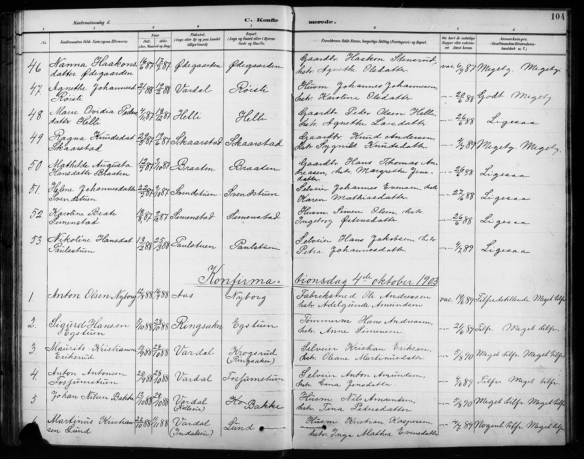 Vardal prestekontor, SAH/PREST-100/H/Ha/Hab/L0010: Parish register (copy) no. 10, 1895-1903, p. 104