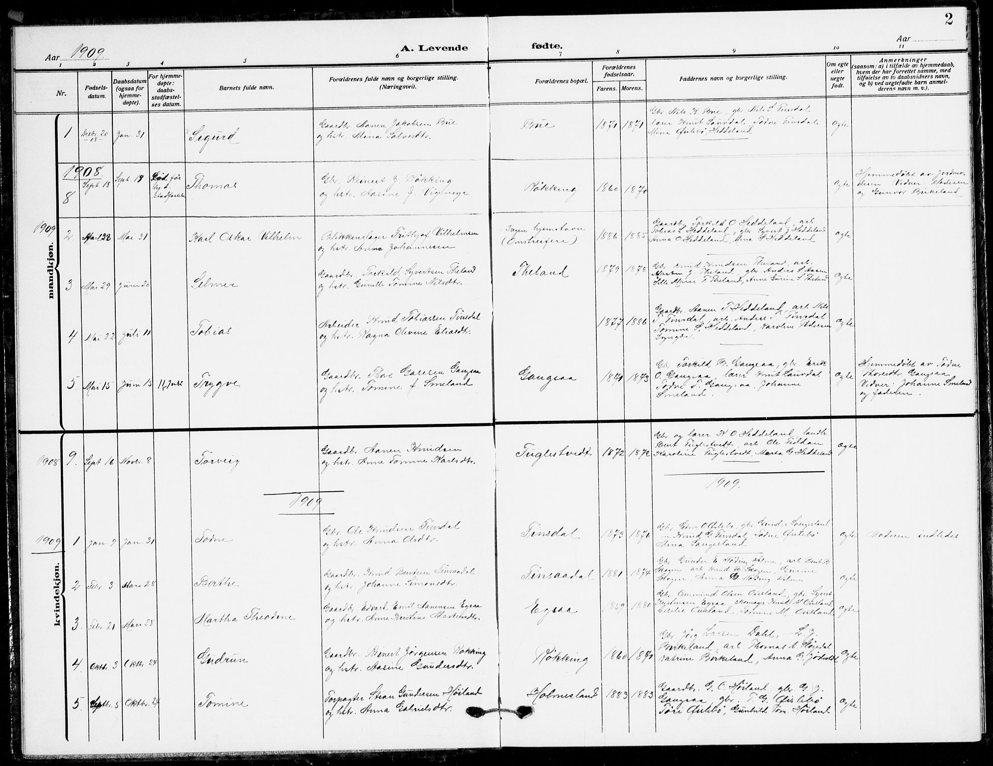 Holum sokneprestkontor, AV/SAK-1111-0022/F/Fb/Fbc/L0004: Parish register (copy) no. B 4, 1908-1930, p. 2