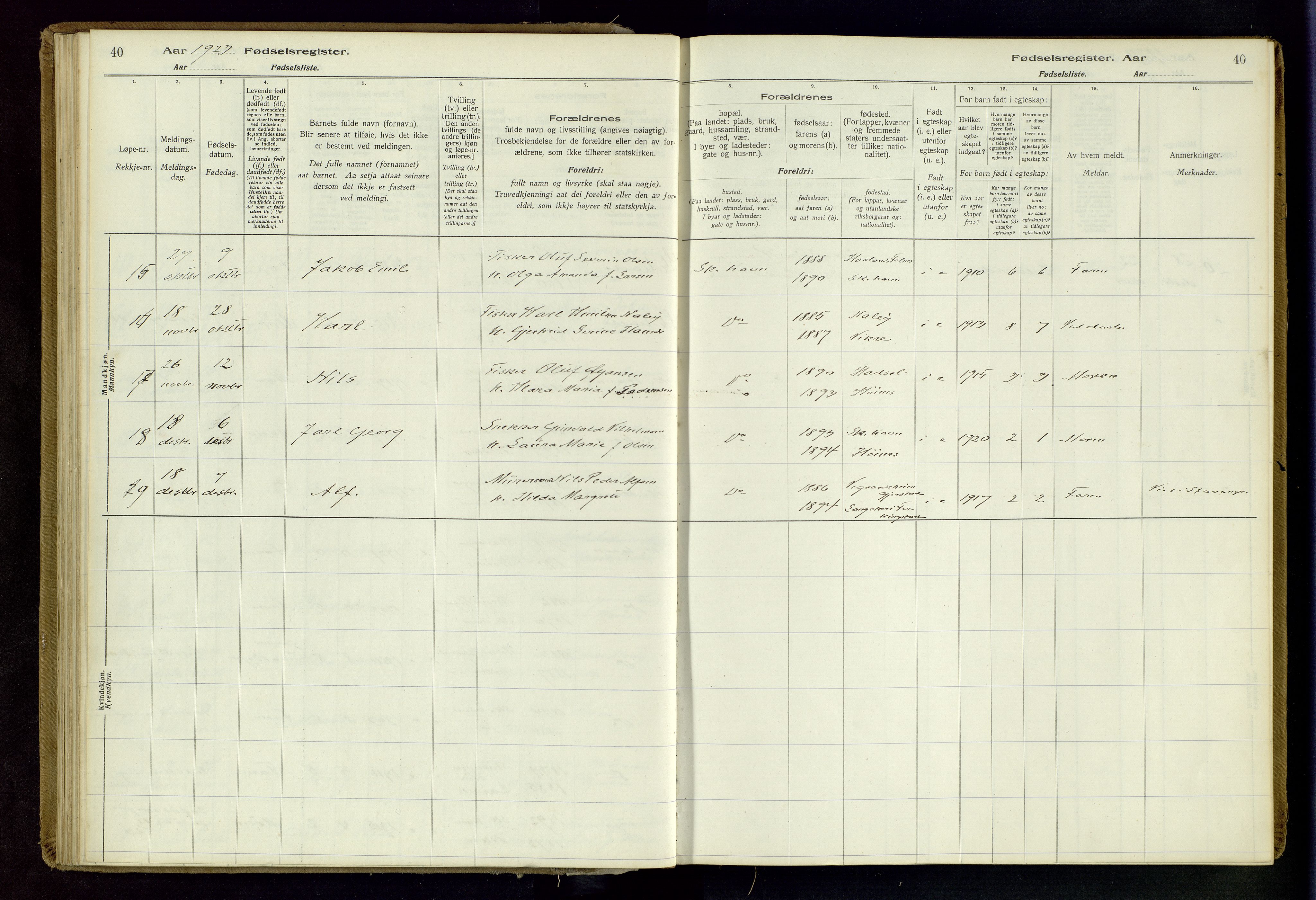 Skudenes sokneprestkontor, AV/SAST-A -101849/I/Id/L0003: Birth register no. 3, 1916-1964, p. 40