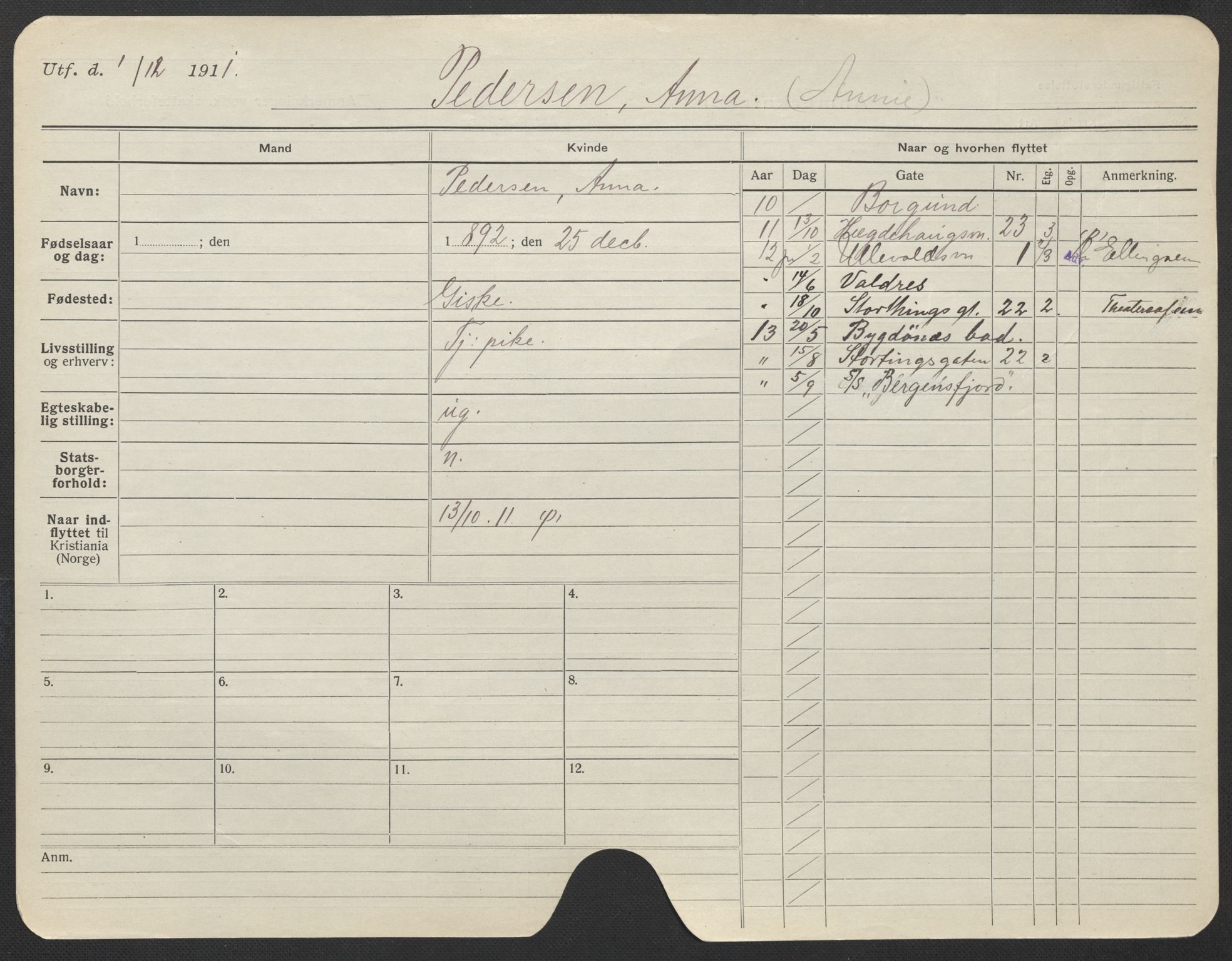 Oslo folkeregister, Registerkort, AV/SAO-A-11715/F/Fa/Fac/L0022: Kvinner, 1906-1914, p. 629a