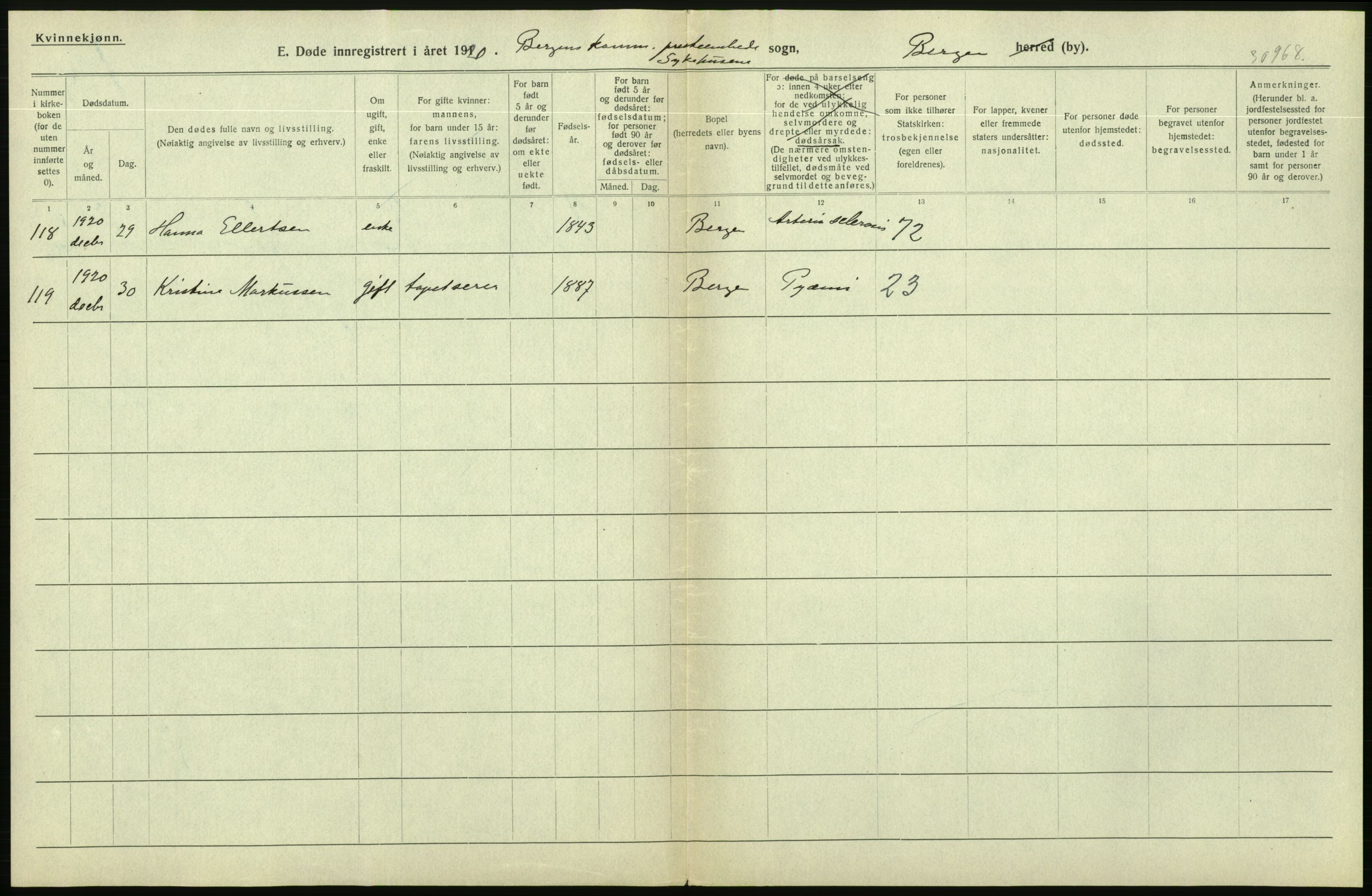 Statistisk sentralbyrå, Sosiodemografiske emner, Befolkning, AV/RA-S-2228/D/Df/Dfb/Dfbj/L0042: Bergen: Gifte, døde, dødfødte., 1920, p. 348