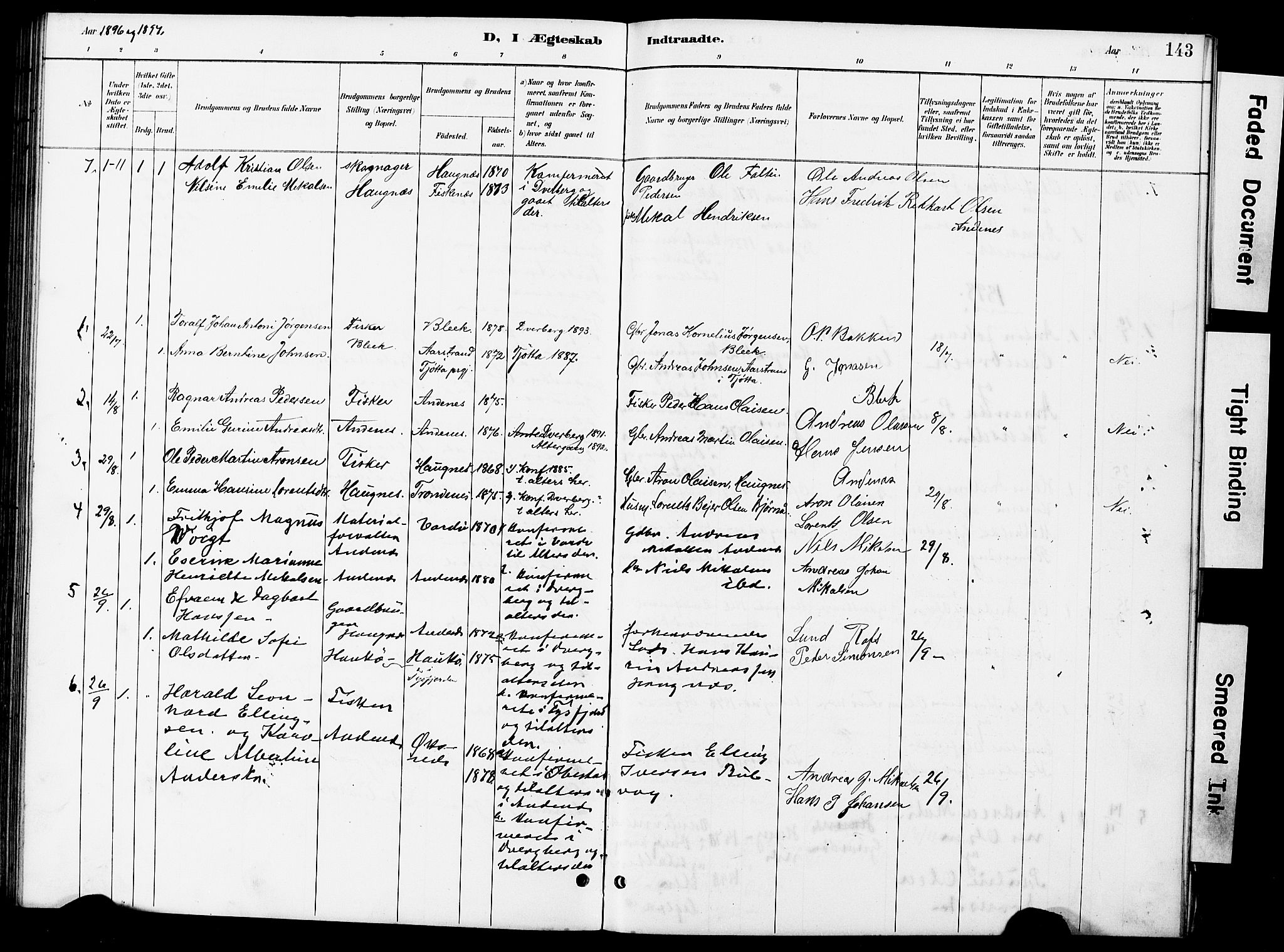 Ministerialprotokoller, klokkerbøker og fødselsregistre - Nordland, AV/SAT-A-1459/899/L1448: Parish register (copy) no. 899C03, 1887-1902, p. 143