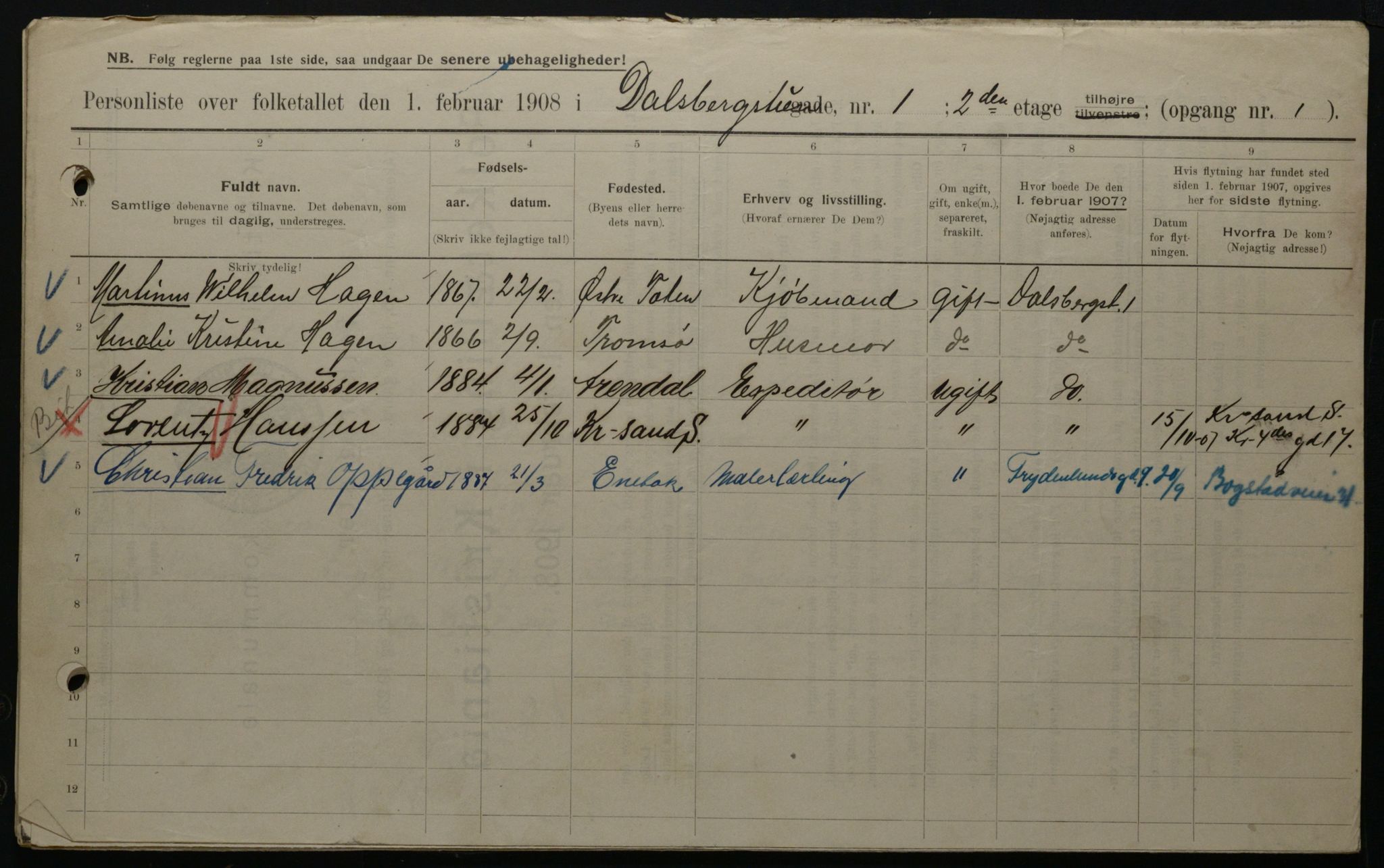 OBA, Municipal Census 1908 for Kristiania, 1908, p. 13115