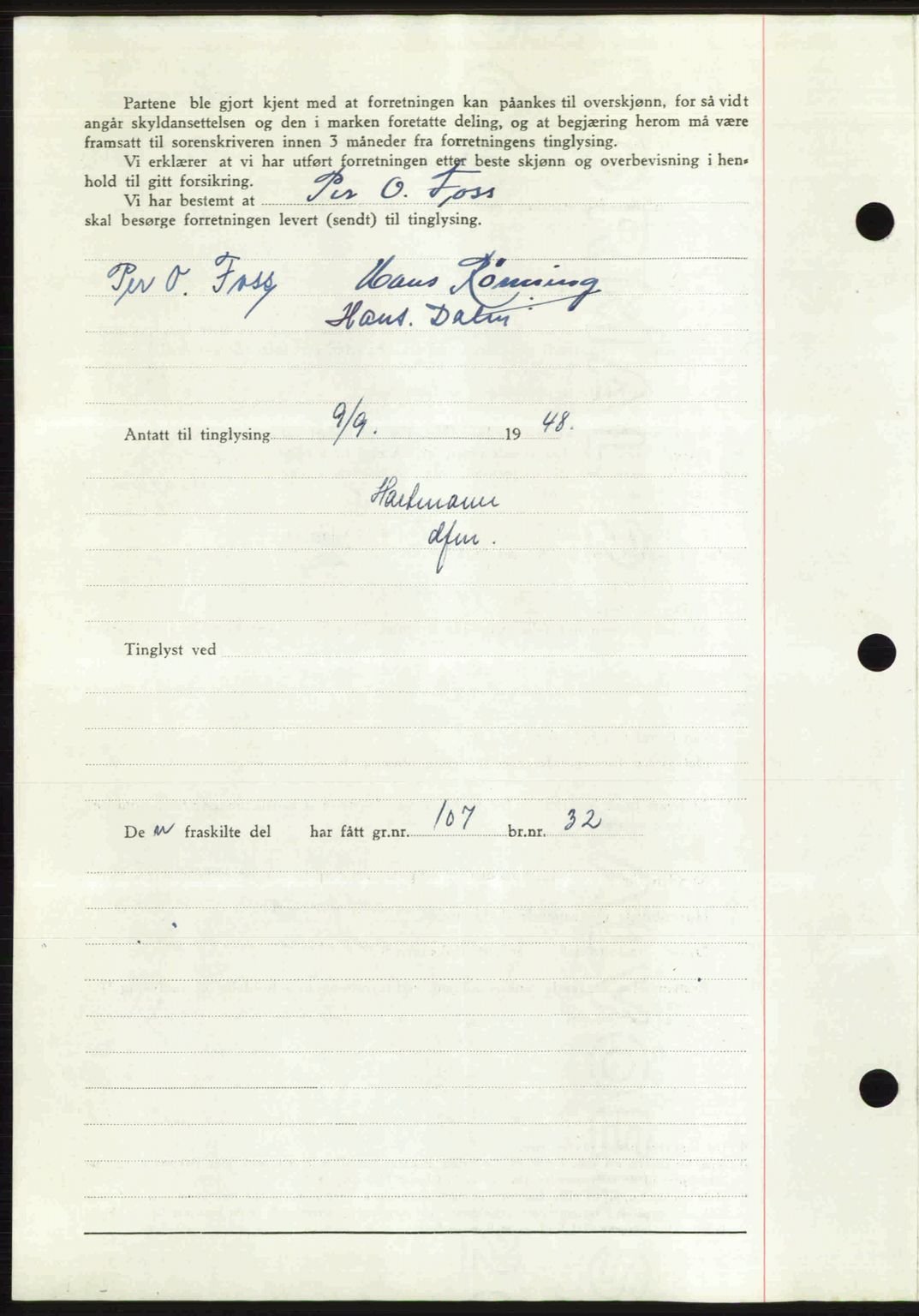 Sør-Gudbrandsdal tingrett, SAH/TING-004/H/Hb/Hbd/L0022: Mortgage book no. A22, 1948-1948, Diary no: : 2076/1948