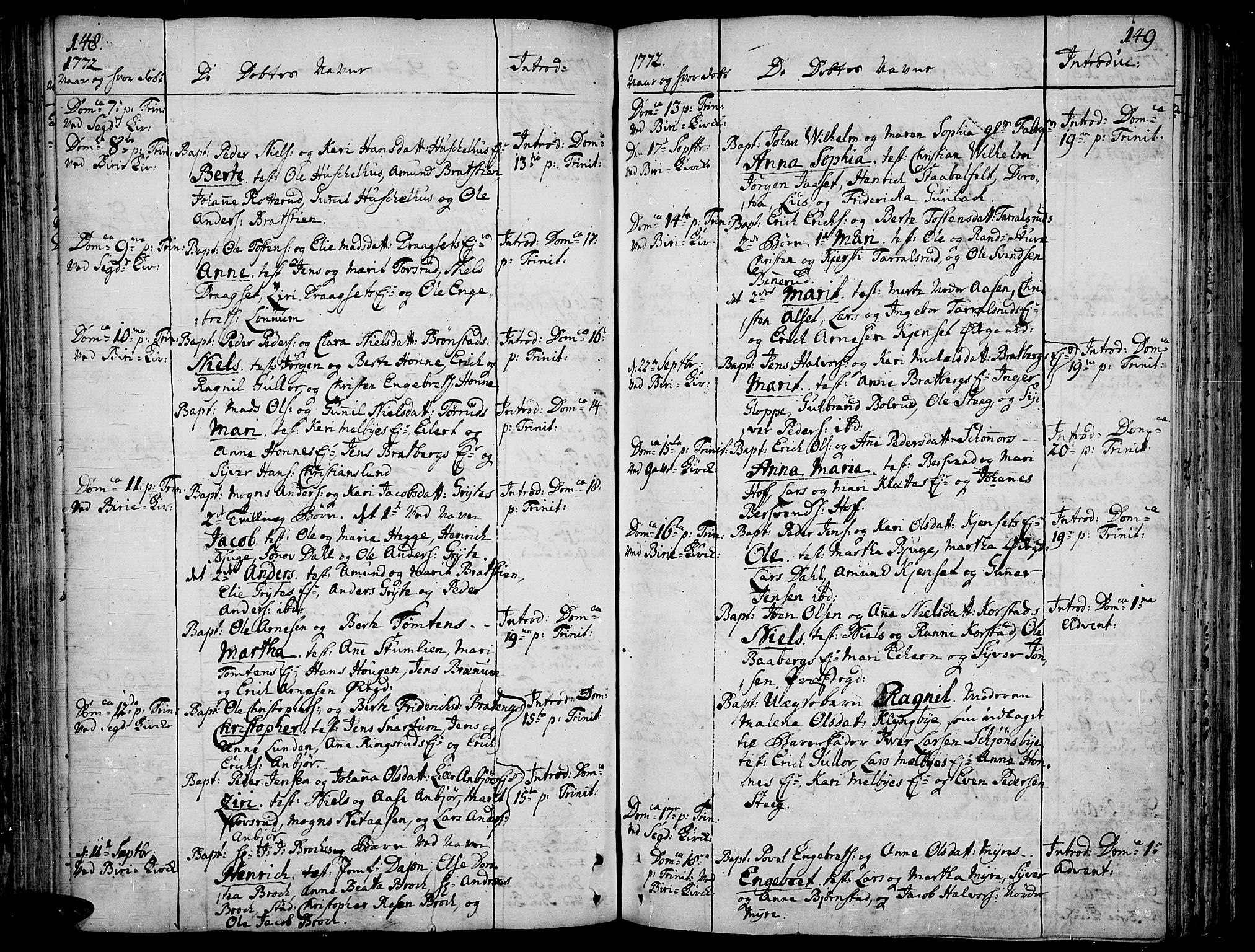 Biri prestekontor, SAH/PREST-096/H/Ha/Haa/L0002: Parish register (official) no. 2, 1754-1789, p. 148-149