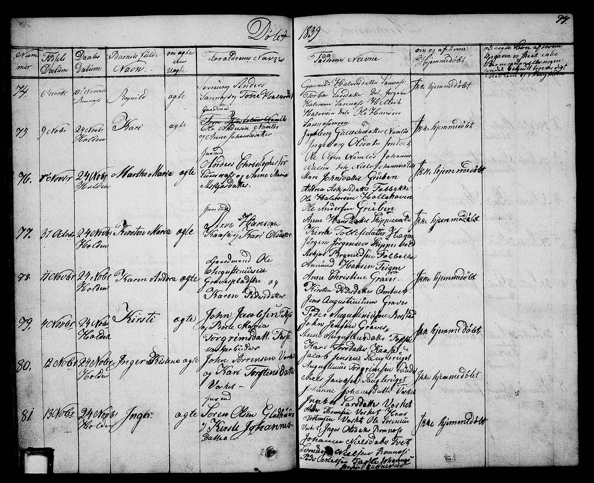 Holla kirkebøker, SAKO/A-272/G/Ga/L0002: Parish register (copy) no. I 2, 1830-1848, p. 97