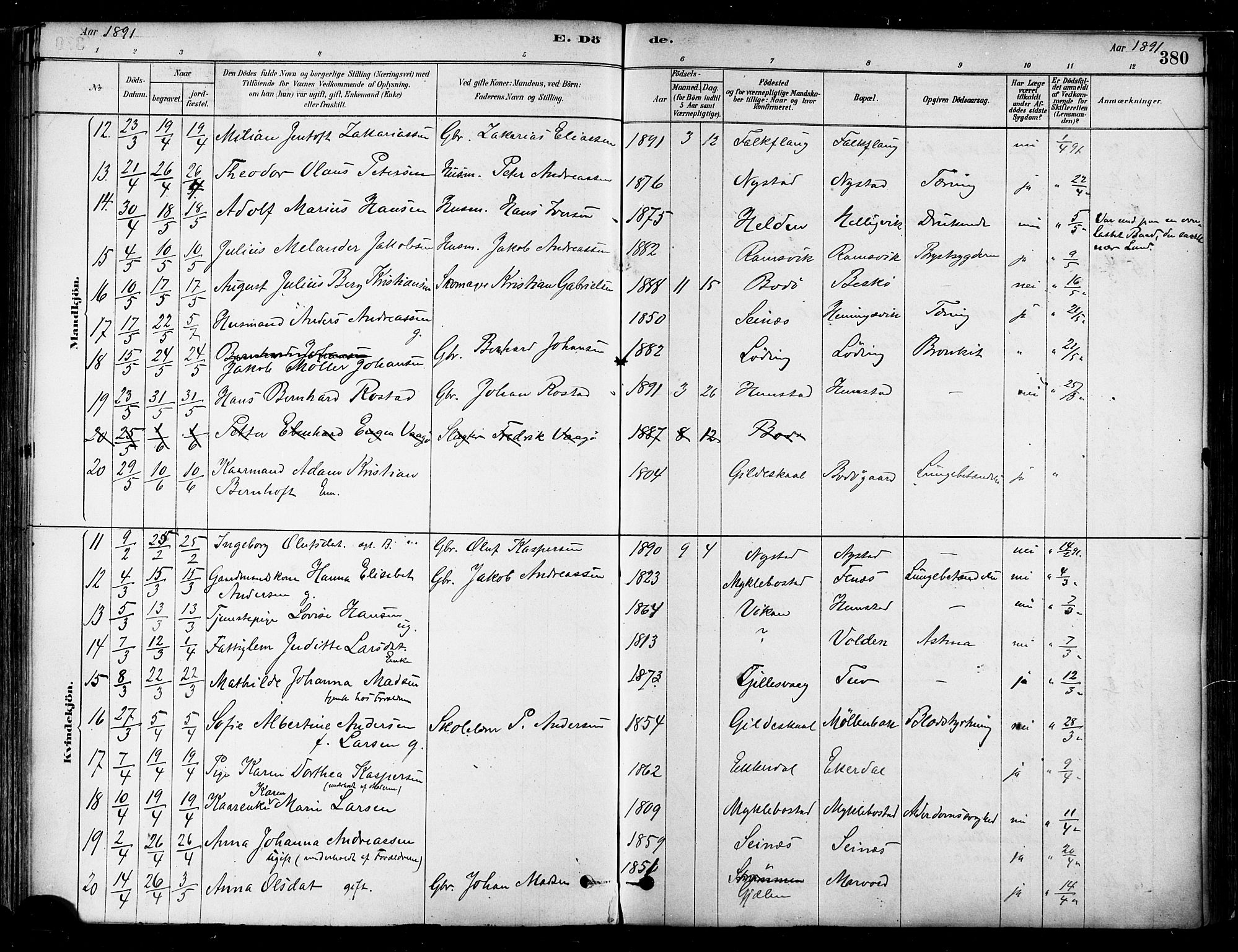 Ministerialprotokoller, klokkerbøker og fødselsregistre - Nordland, SAT/A-1459/802/L0054: Parish register (official) no. 802A01, 1879-1893, p. 380