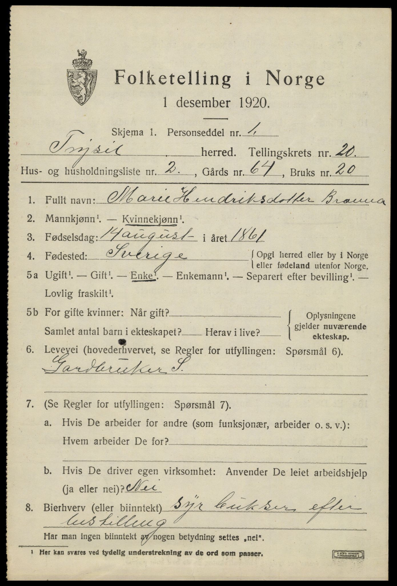 SAH, 1920 census for Trysil, 1920, p. 13023