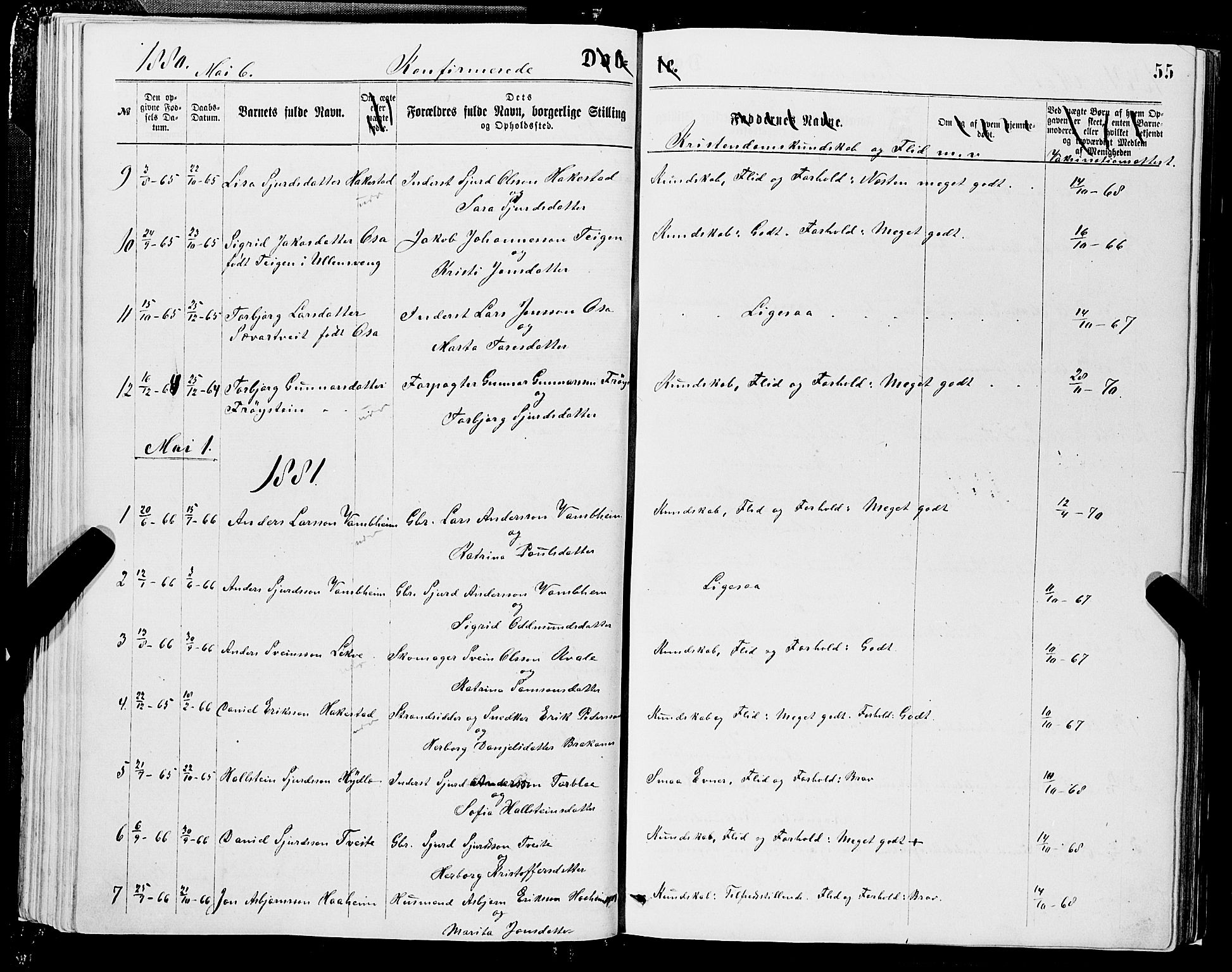Ulvik sokneprestembete, SAB/A-78801/H/Hab: Parish register (copy) no. A 2, 1869-1882, p. 55