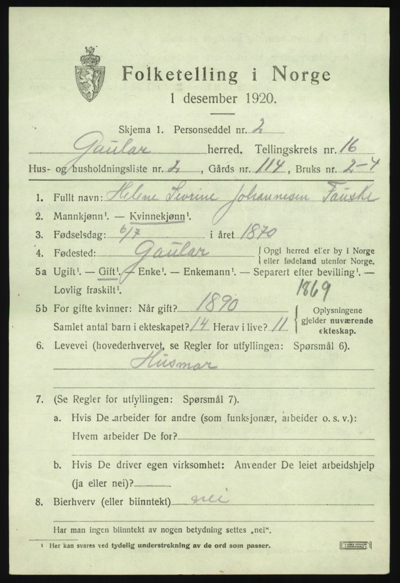 SAB, 1920 census for Gaular, 1920, p. 6906