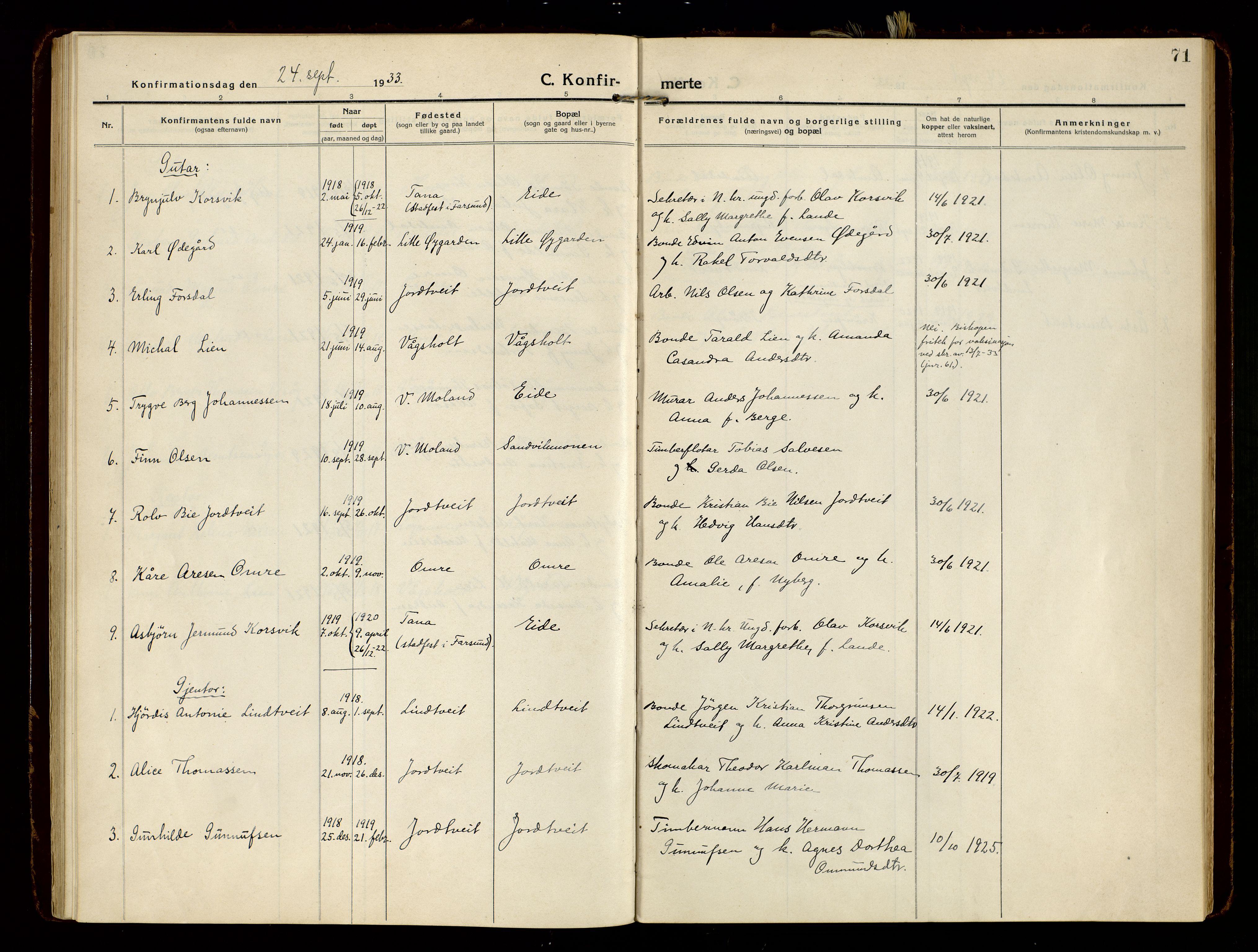 Hommedal sokneprestkontor, SAK/1111-0023/F/Fa/Faa/L0004: Parish register (official) no. A 4, 1916-1945, p. 71