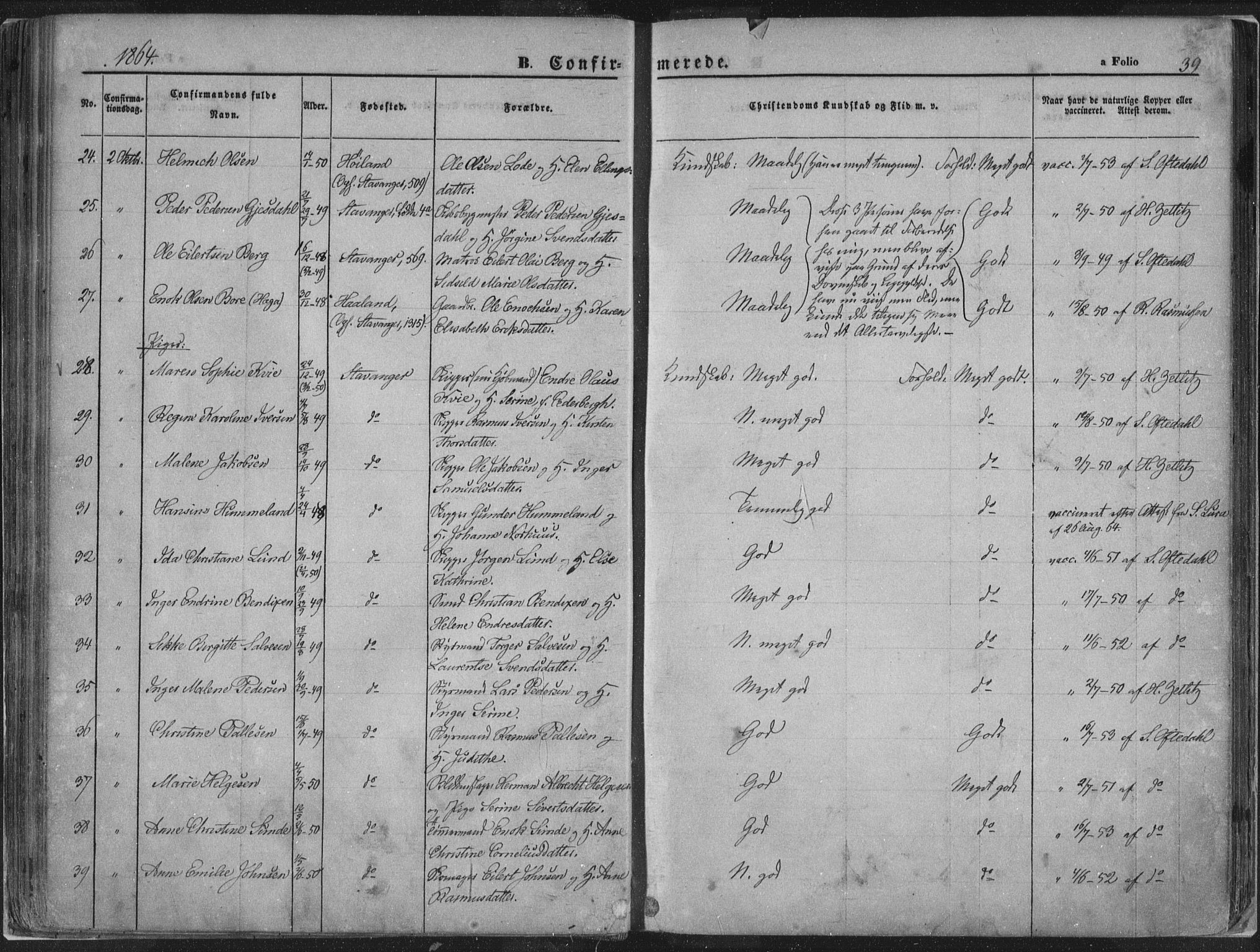 Domkirken sokneprestkontor, AV/SAST-A-101812/001/30/30BA/L0018: Parish register (official) no. A 17, 1857-1877, p. 39