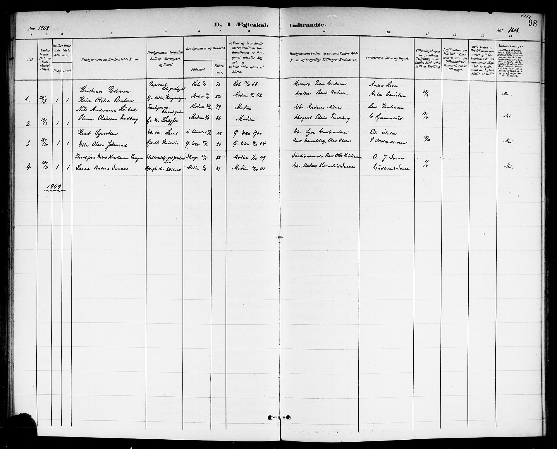 Modum kirkebøker, AV/SAKO-A-234/G/Gc/L0001: Parish register (copy) no. III 1, 1901-1919, p. 98