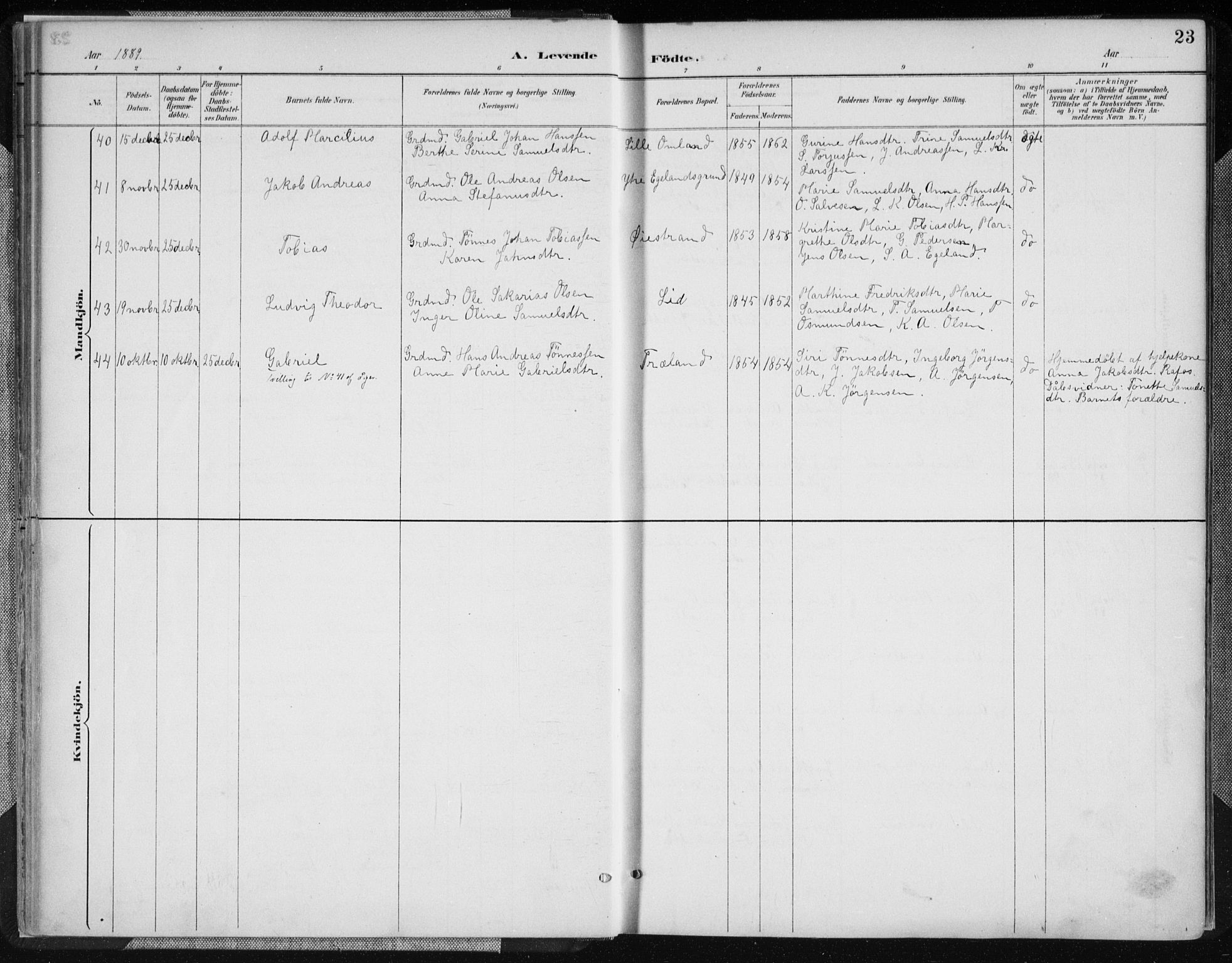 Kvinesdal sokneprestkontor, AV/SAK-1111-0026/F/Fa/Fab/L0008: Parish register (official) no. A 8, 1886-1897, p. 23