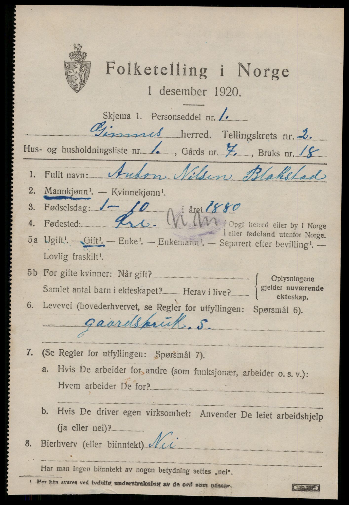 SAT, 1920 census for Gjemnes, 1920, p. 724
