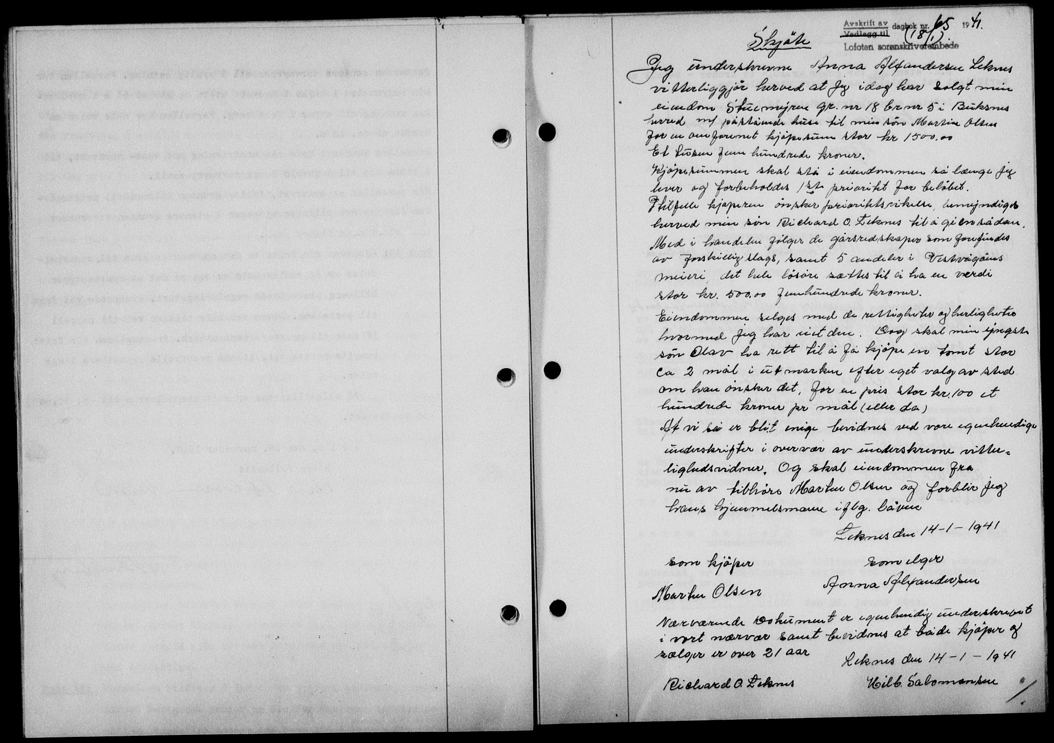 Lofoten sorenskriveri, SAT/A-0017/1/2/2C/L0008a: Mortgage book no. 8a, 1940-1941, Diary no: : 65/1941