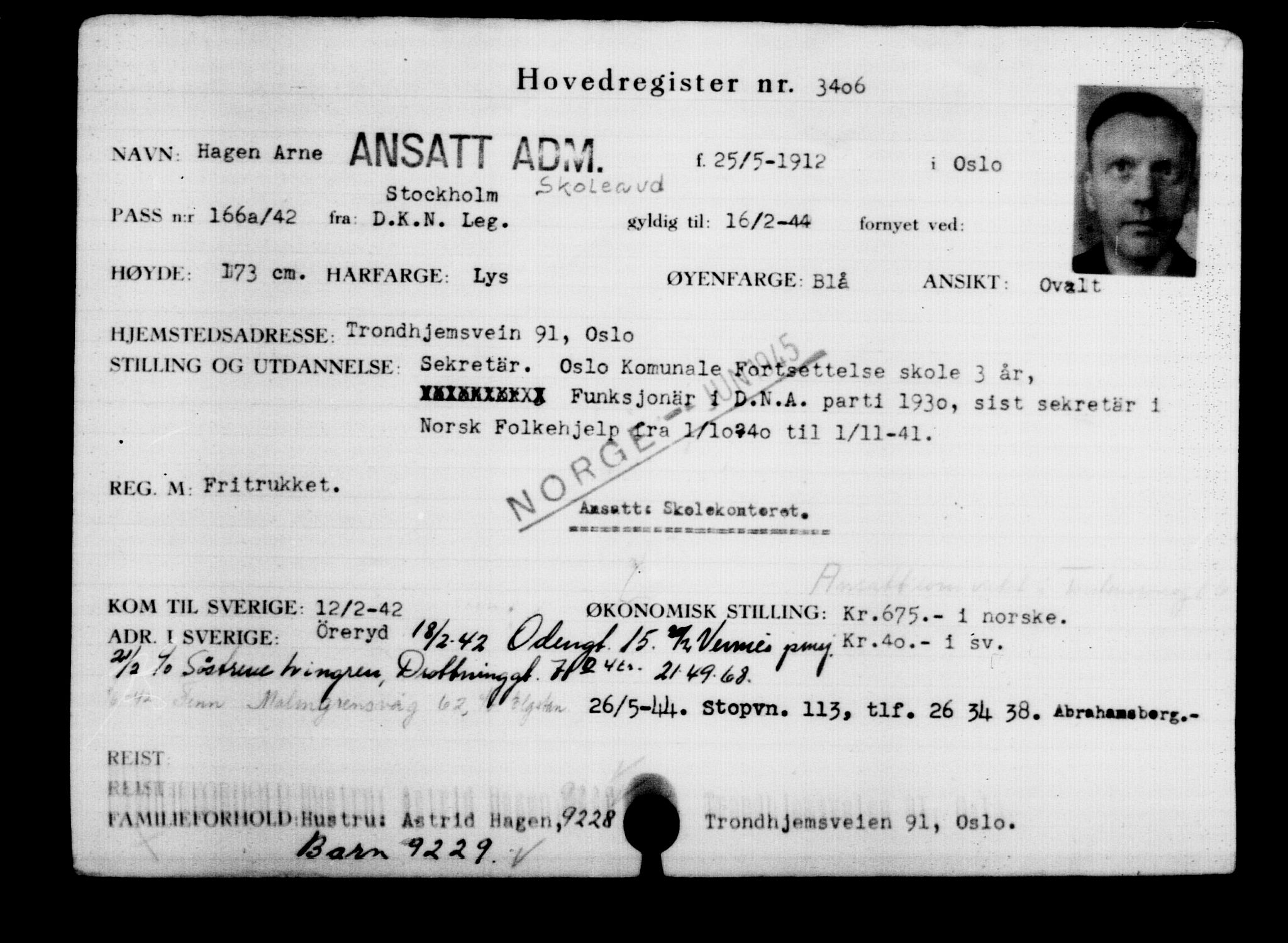 Utenriksstasjonene, Legasjonen i Stockholm, Flyktningkontoret, AV/RA-S-6753/V/Va/L0003: Kjesäterkartoteket, flyktninger med registreringsnr. 2001-3495, 1940-1945, p. 1906