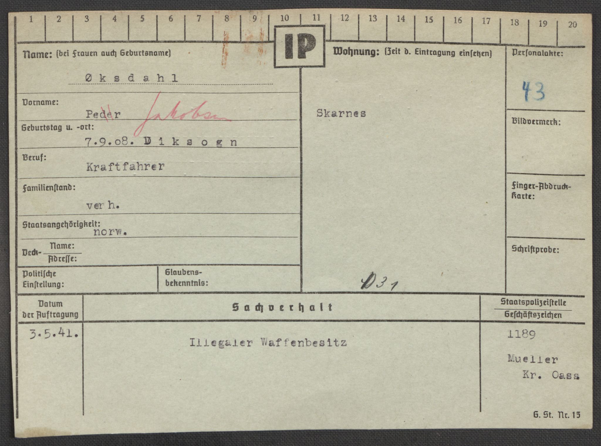 Befehlshaber der Sicherheitspolizei und des SD, AV/RA-RAFA-5969/E/Ea/Eaa/L0010: Register over norske fanger i Møllergata 19: Sø-Å, 1940-1945, p. 1256